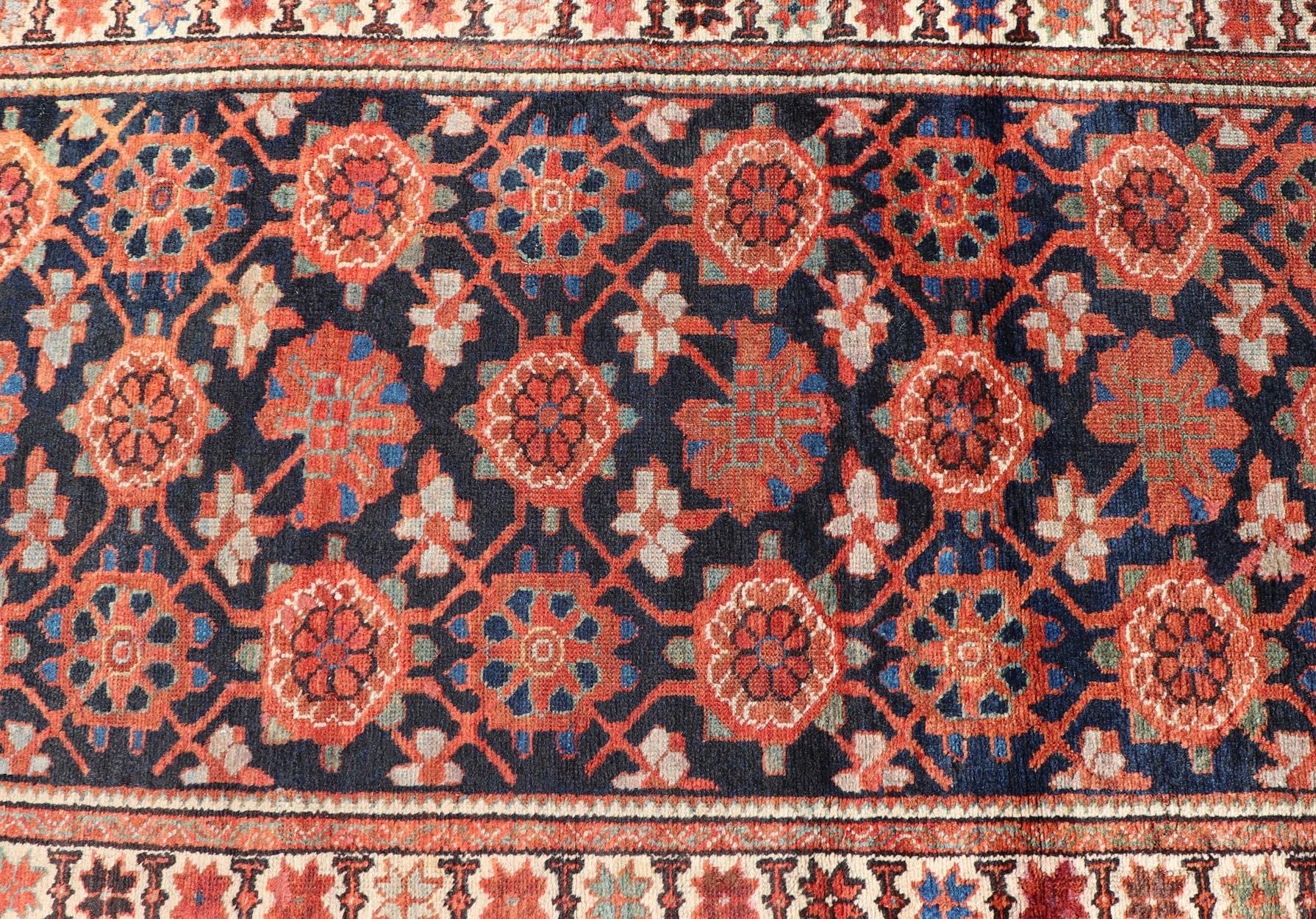 Antique Persian Malayer Runner with Reds and Oranges on a Charcoal Background For Sale 5