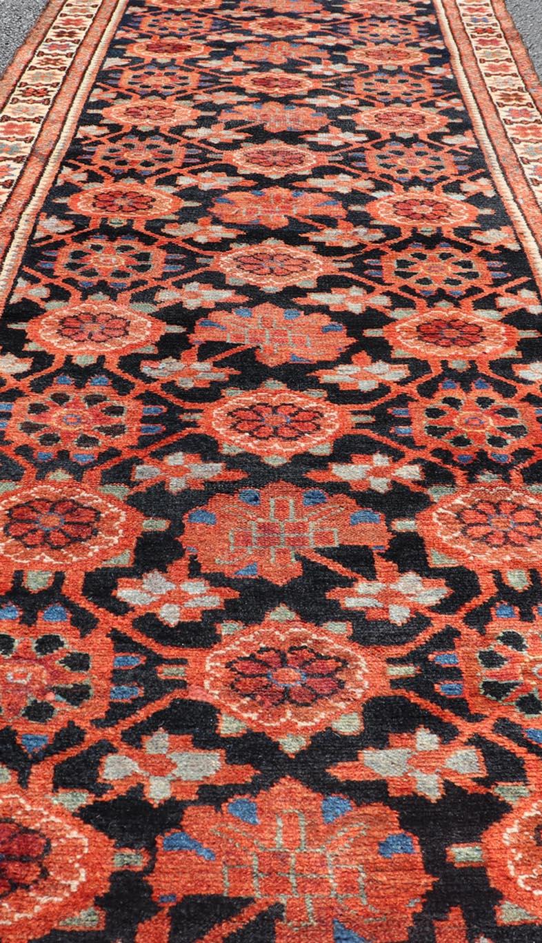 Antique Persian Malayer Runner with Reds and Oranges on a Charcoal Background For Sale 2