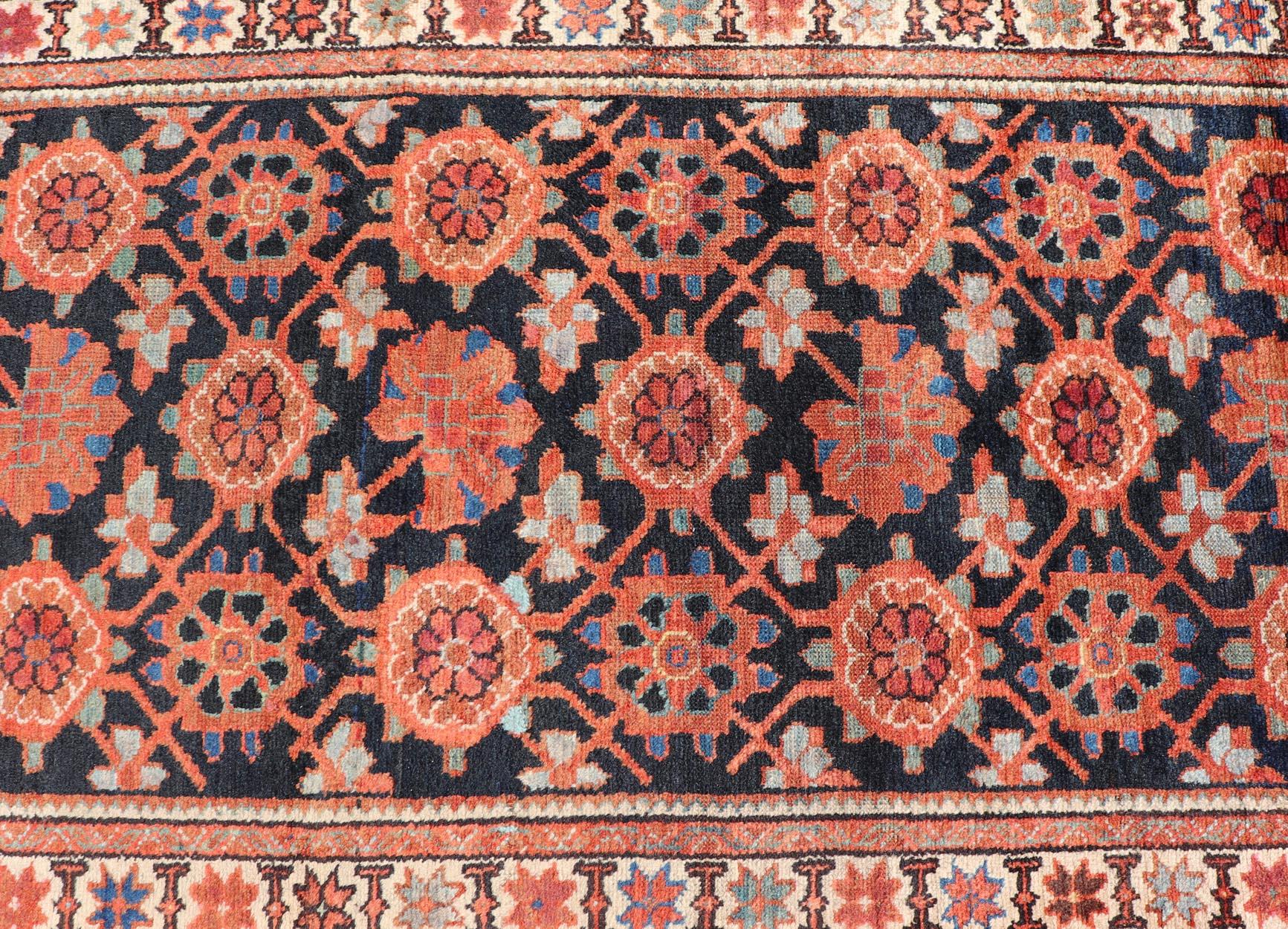 Antique Persian Malayer Runner with Reds and Oranges on a Charcoal Background For Sale 3