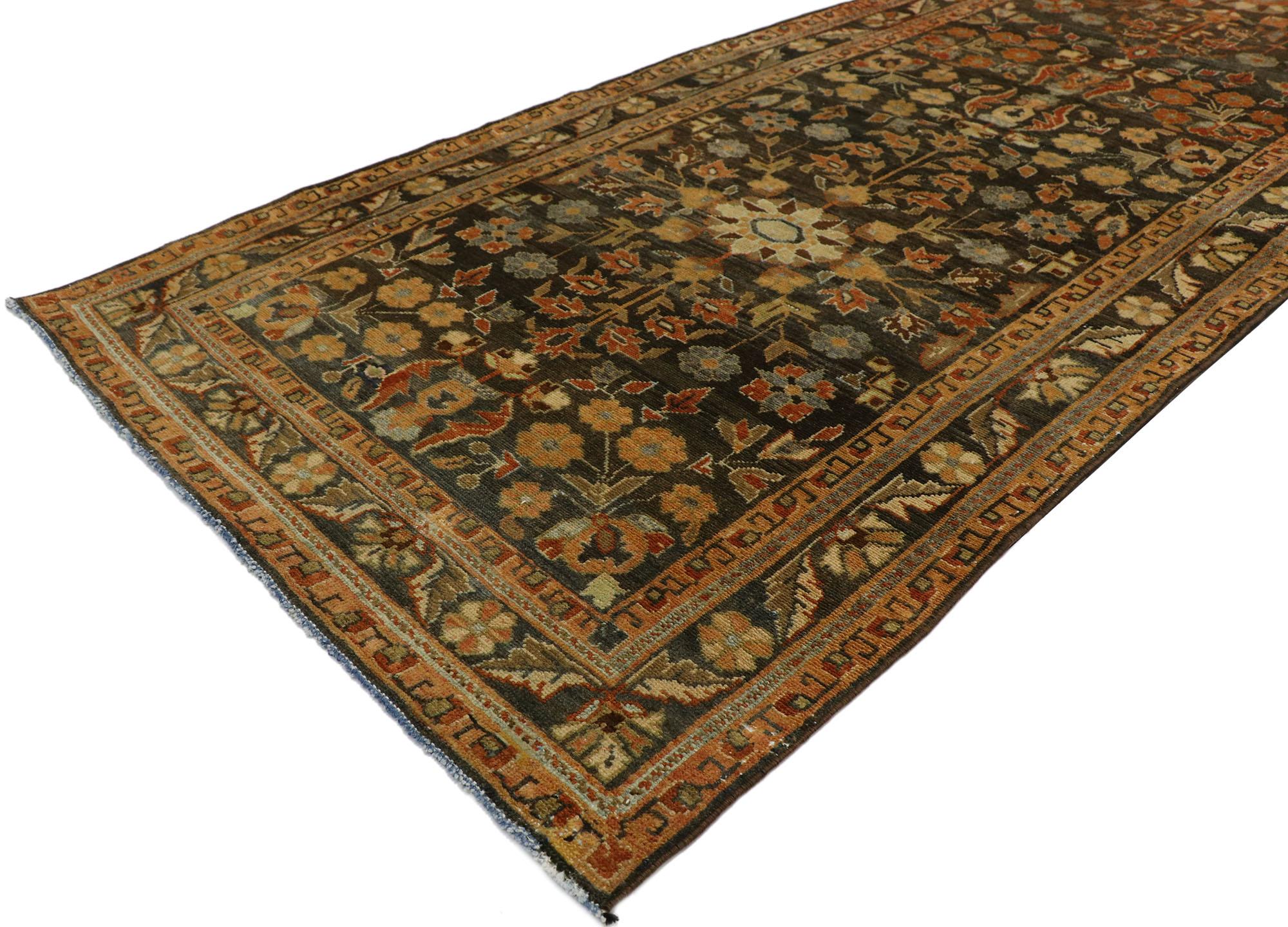 Hand-Knotted Antique Persian Malayer Runner with Rustic Jacobean Style For Sale