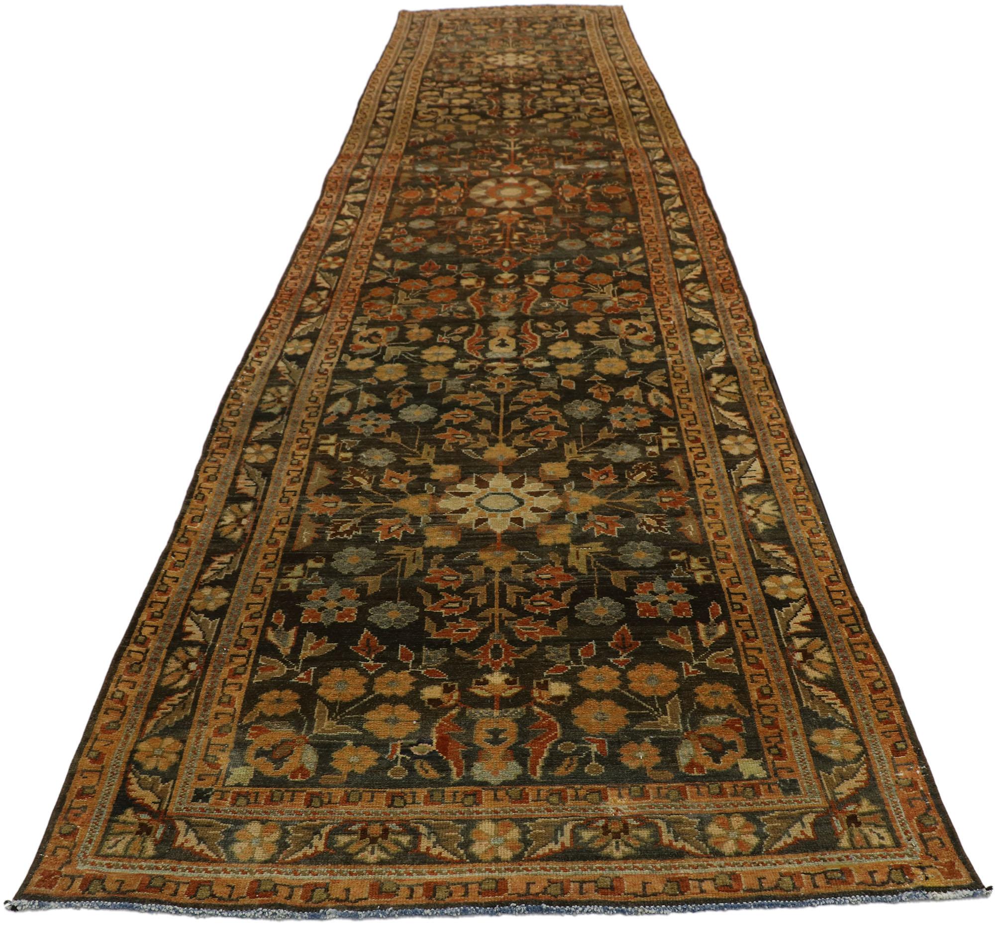Antique Persian Malayer Runner with Rustic Jacobean Style In Good Condition For Sale In Dallas, TX