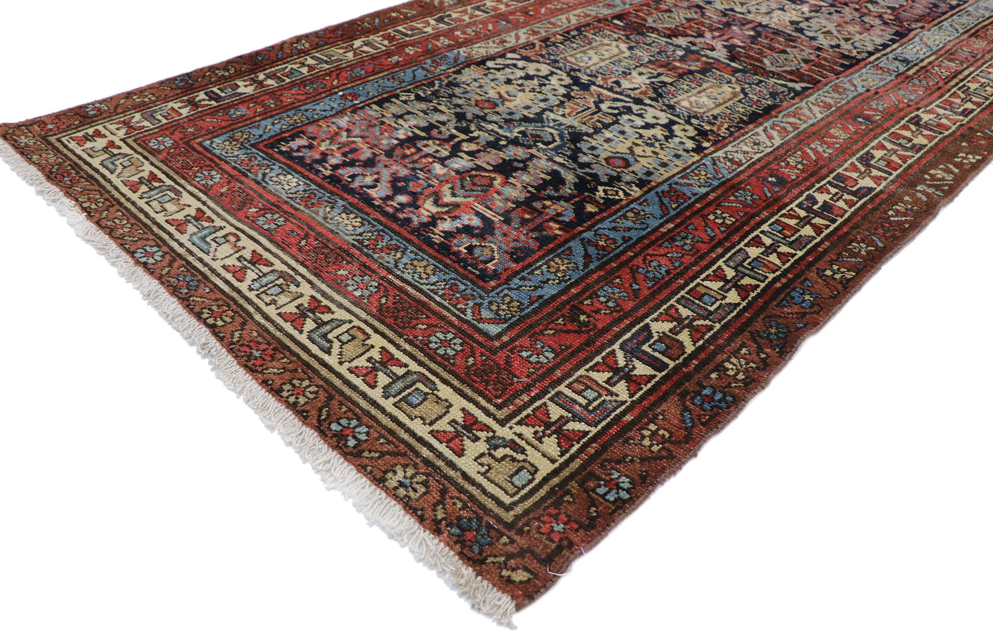 60875 antique Persian Malayer runner with rustic Mid-Century Modern style. With ornate details and rustic sensibility, this hand knotted wool antique Persian Malayer runner will take on a curated lived-in look that feels timeless while imparting a
