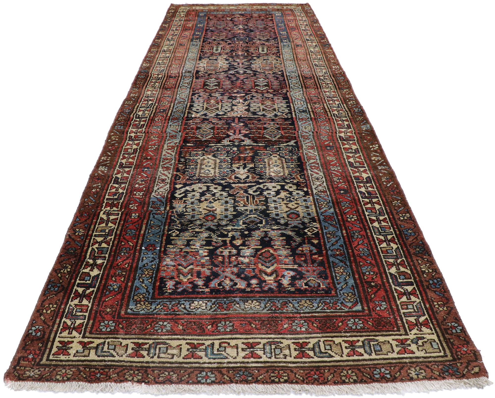 Hand-Knotted Antique Persian Malayer Runner with Rustic Mid-Century Modern Style For Sale