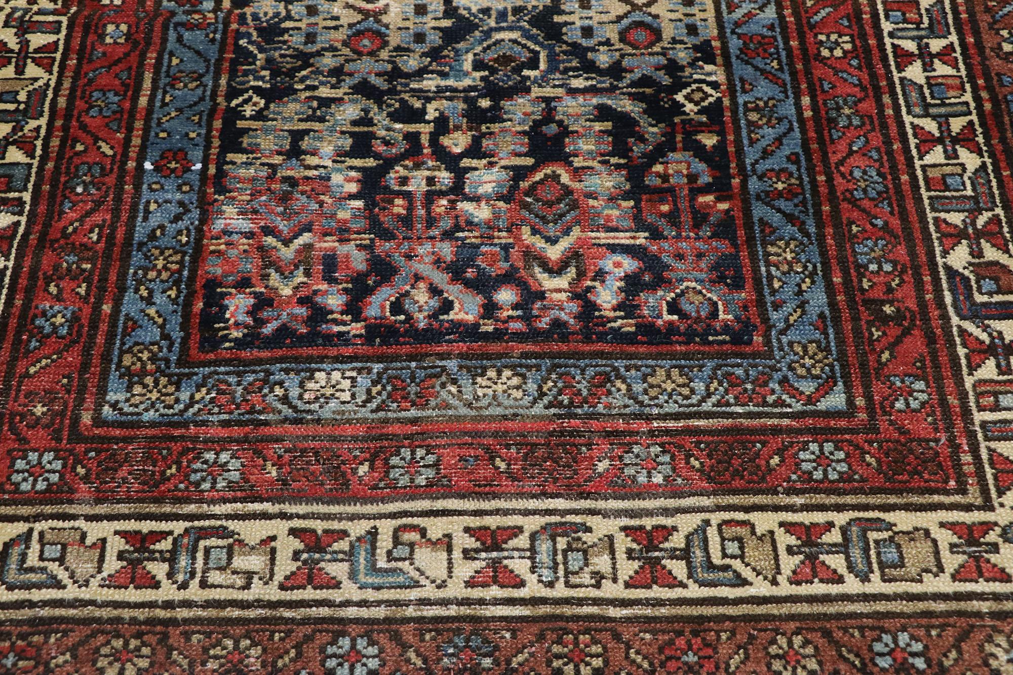 Antique Persian Malayer Runner with Rustic Mid-Century Modern Style In Distressed Condition For Sale In Dallas, TX