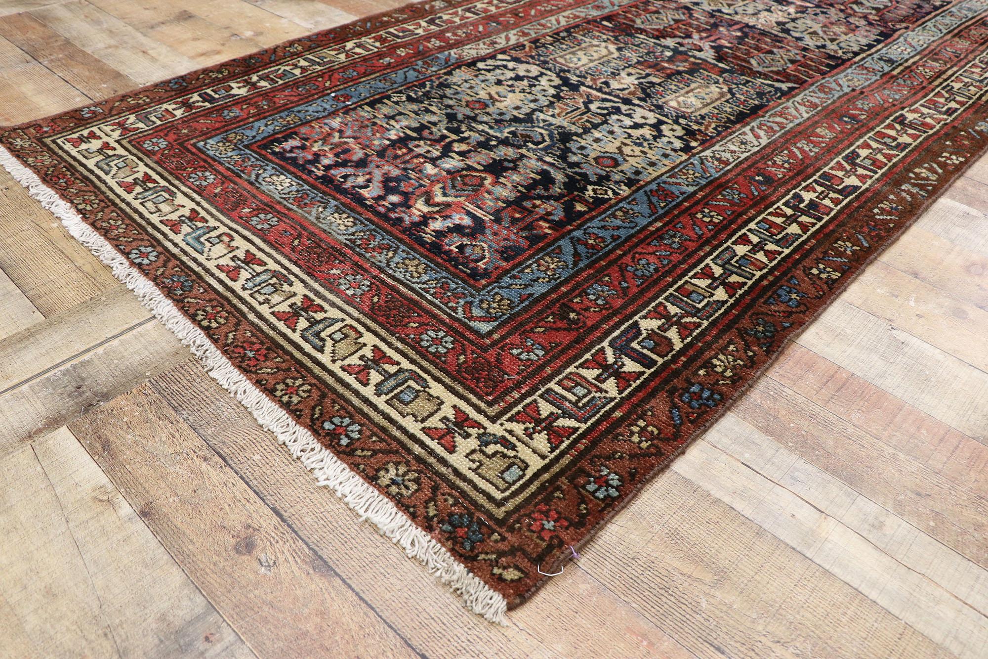 Wool Antique Persian Malayer Runner with Rustic Mid-Century Modern Style For Sale