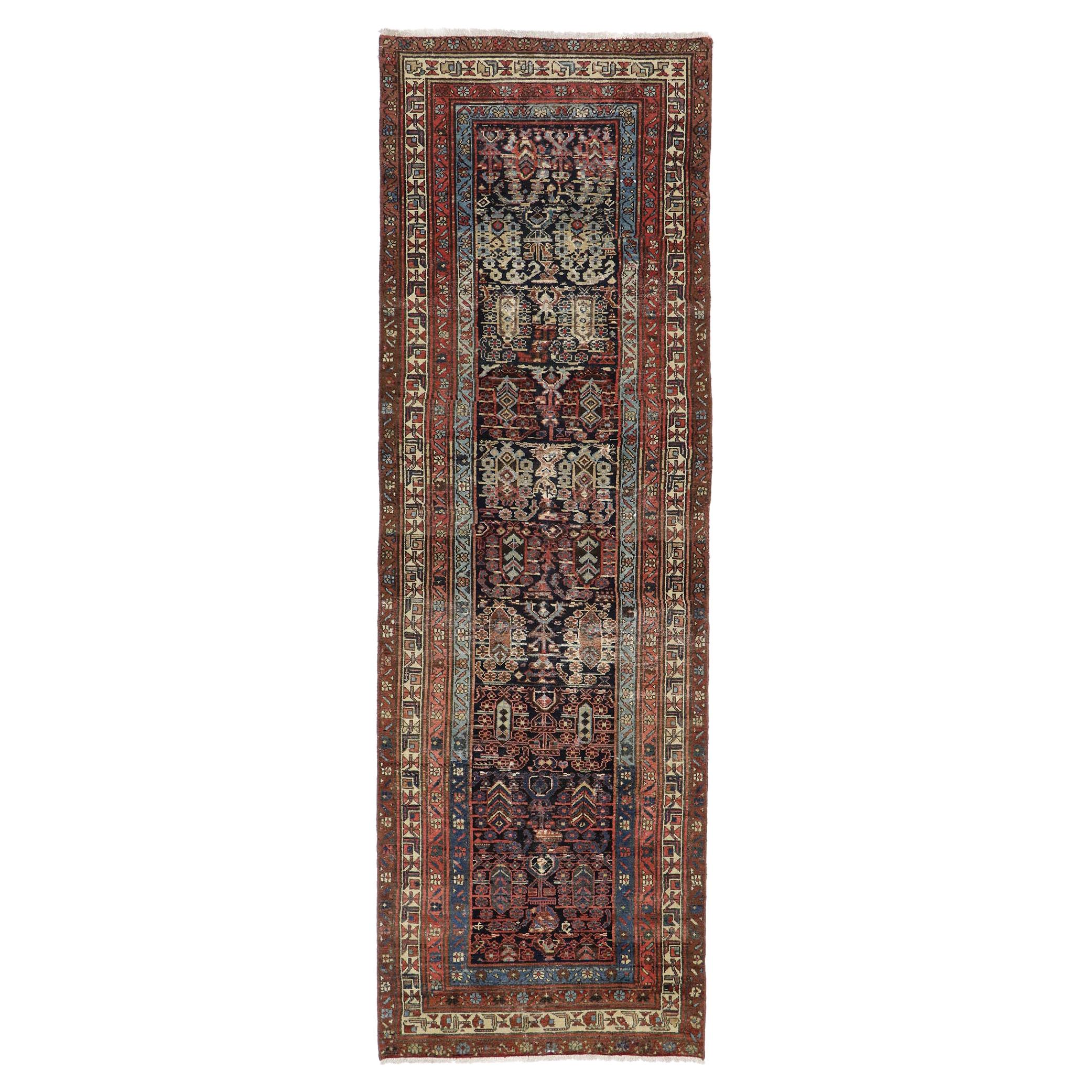 Antique Persian Malayer Runner with Rustic Mid-Century Modern Style For Sale