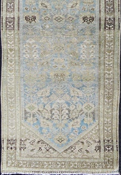 Antique Persian Malayer Runner with Small-Scale Floral Design in Blue, Green