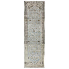 Antique Persian Malayer Runner with Small-Scale Floral Design in Blue, Green