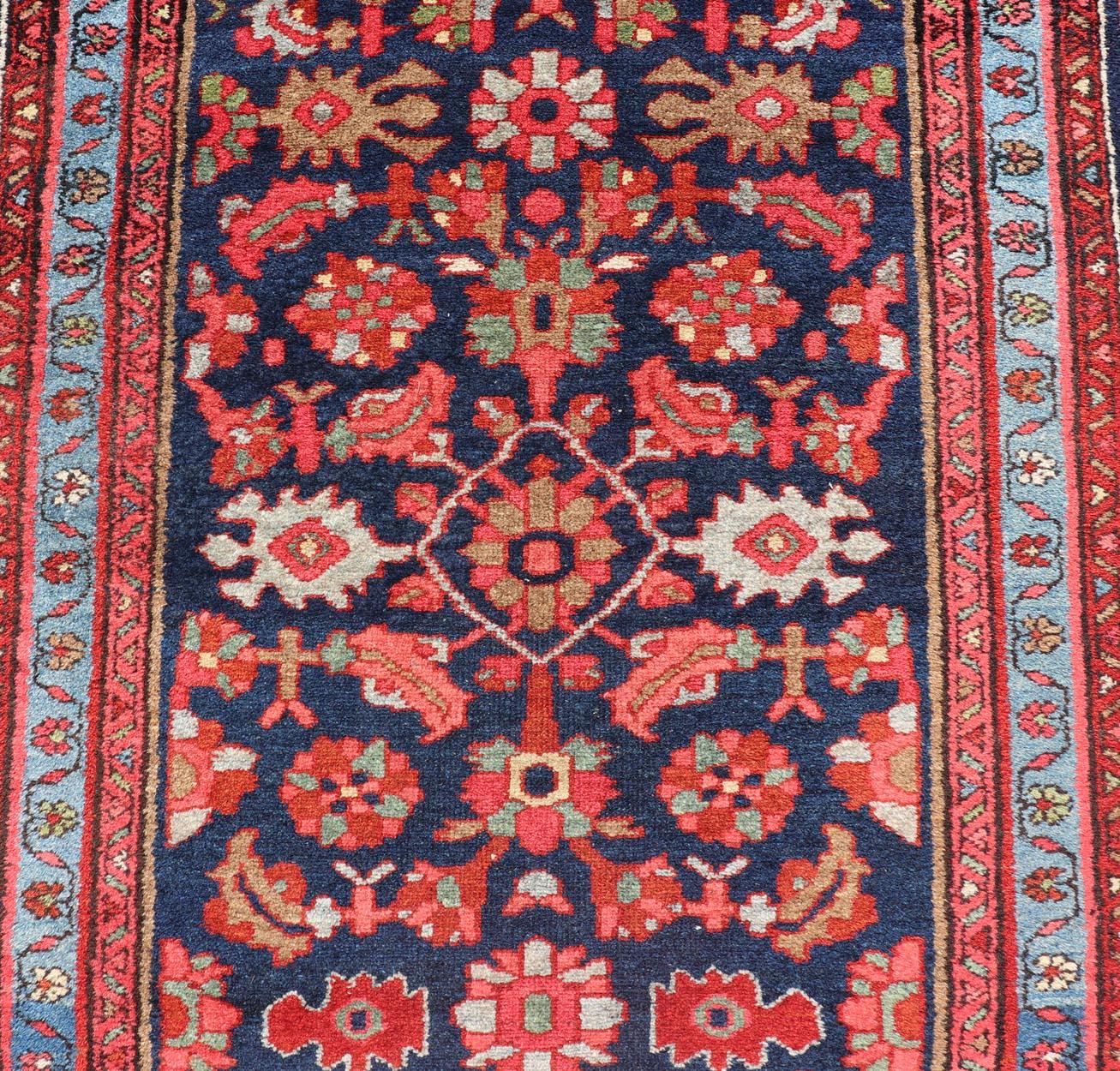 Antique Persian Malayer Runner with Sub-Geometric All-Over Design in Navy Color For Sale 4