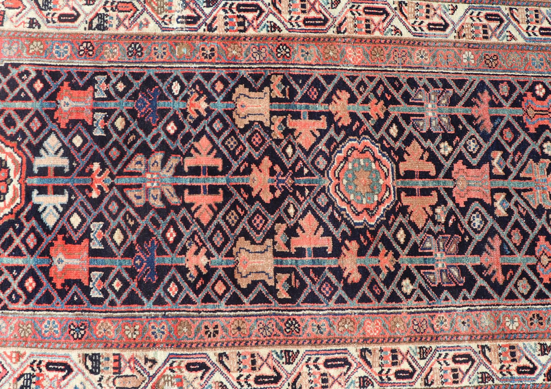 Antique Persian Malayer Runner with Sub-Geometric All-Over Design in Navy Color For Sale 5