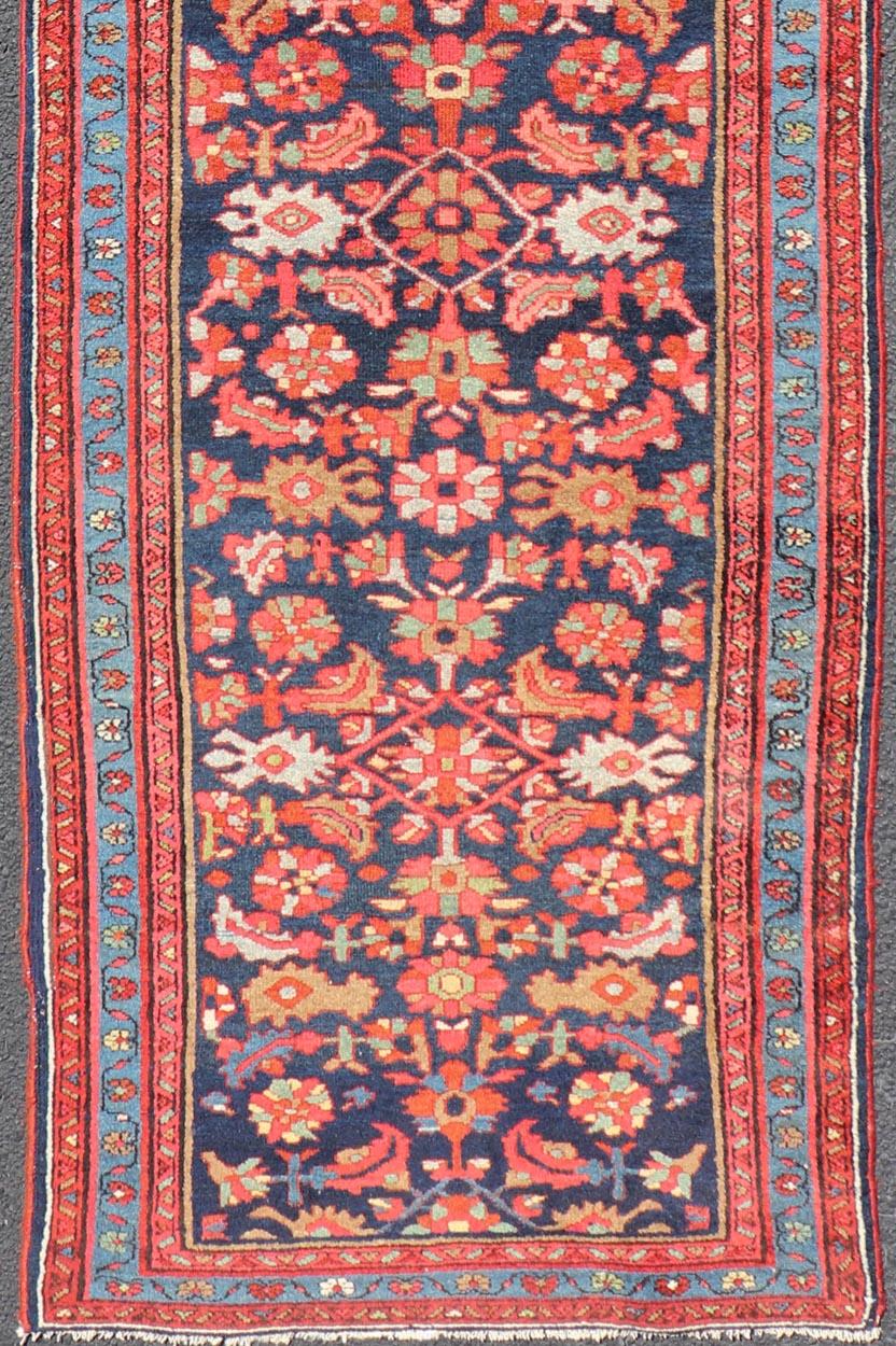 Hand-Knotted Antique Persian Malayer Runner with Sub-Geometric All-Over Design in Navy Color For Sale