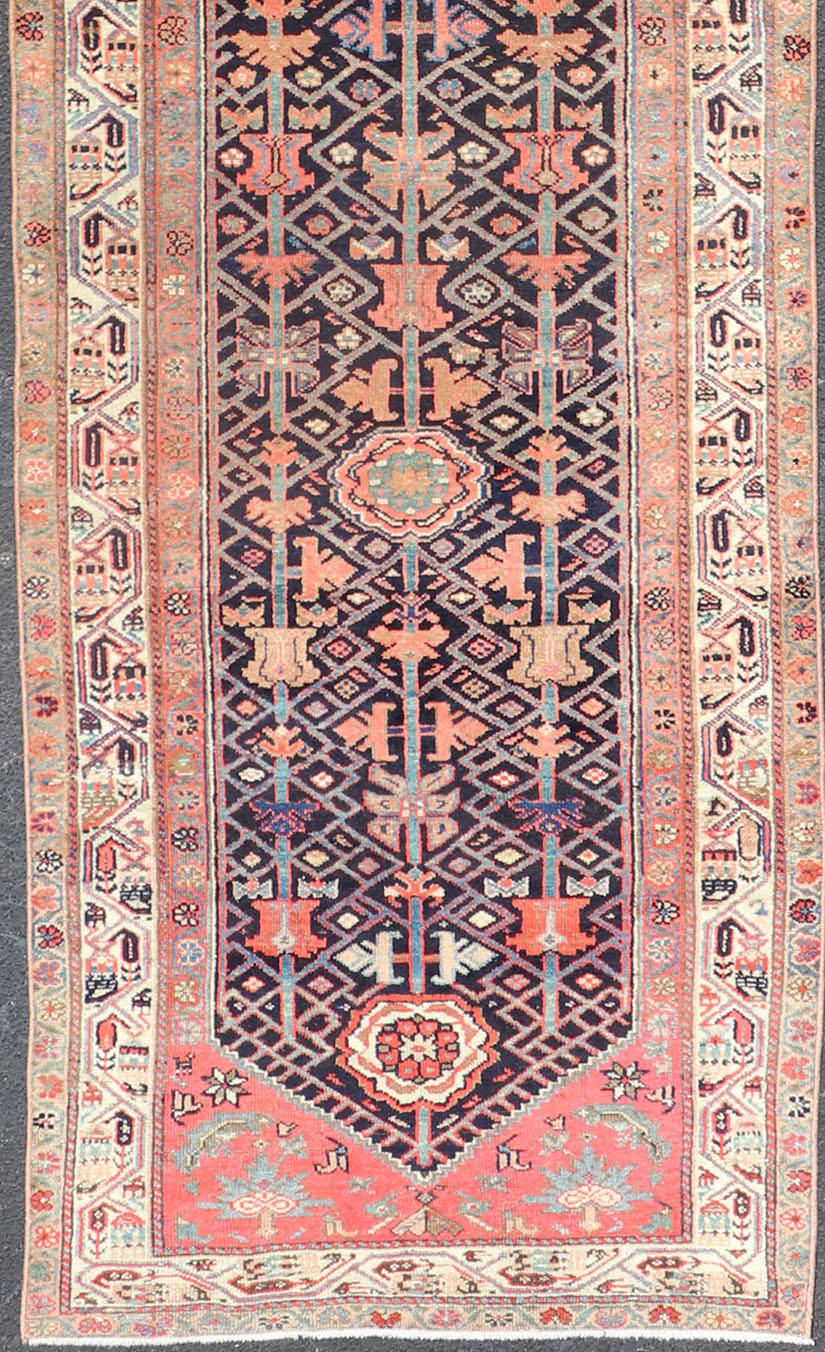 Hand-Knotted Antique Persian Malayer Runner with Sub-Geometric All-Over Design in Navy Color For Sale