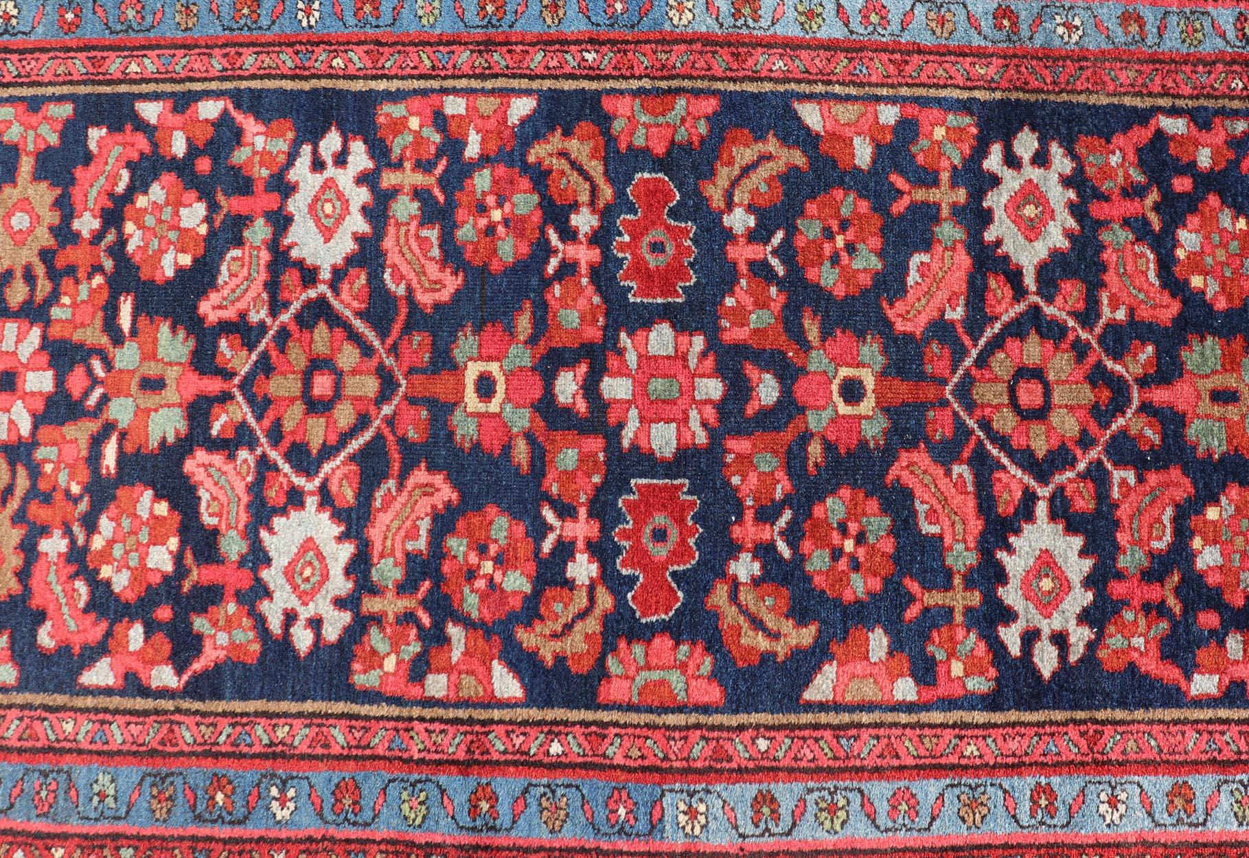 Antique Persian Malayer Runner with Sub-Geometric All-Over Design in Navy Color In Good Condition For Sale In Atlanta, GA