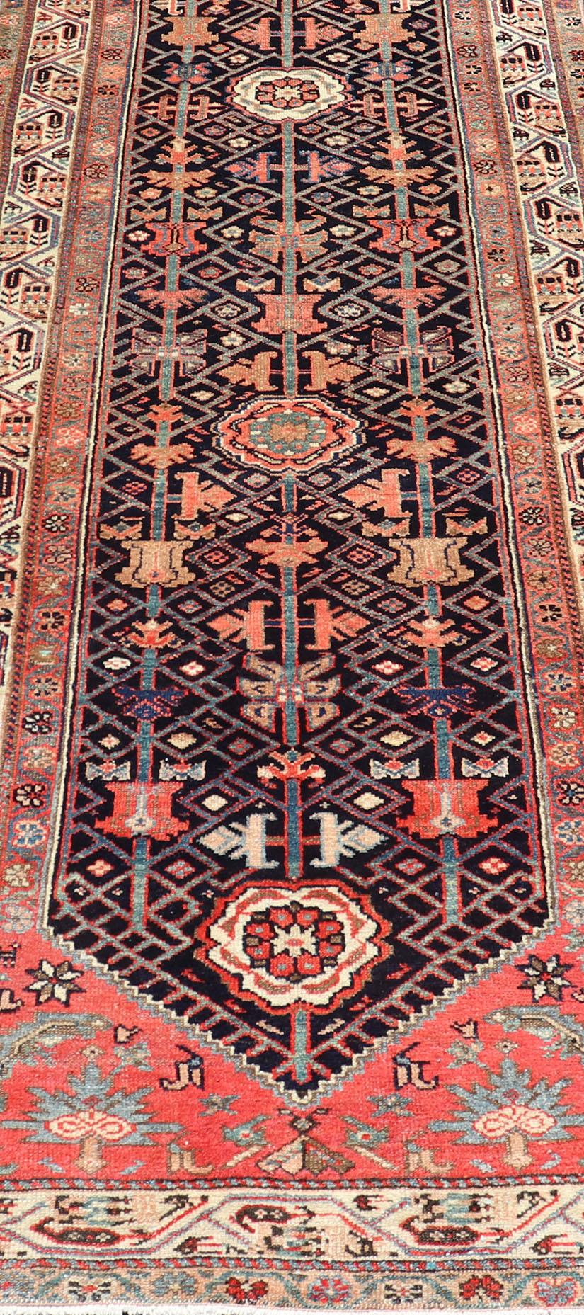 Antique Persian Malayer Runner with Sub-Geometric All-Over Design in Navy Color In Excellent Condition For Sale In Atlanta, GA