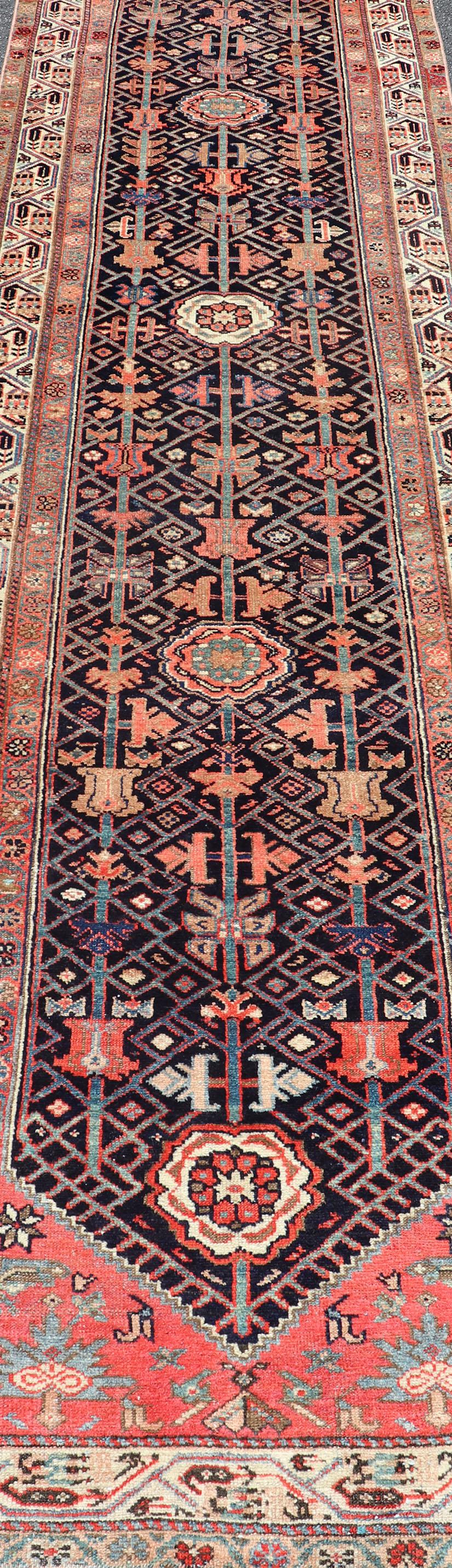 Early 20th Century Antique Persian Malayer Runner with Sub-Geometric All-Over Design in Navy Color For Sale