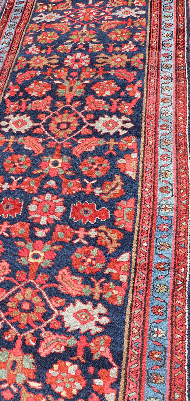 Antique Persian Malayer Runner with Sub-Geometric All-Over Design in Navy Color For Sale 1