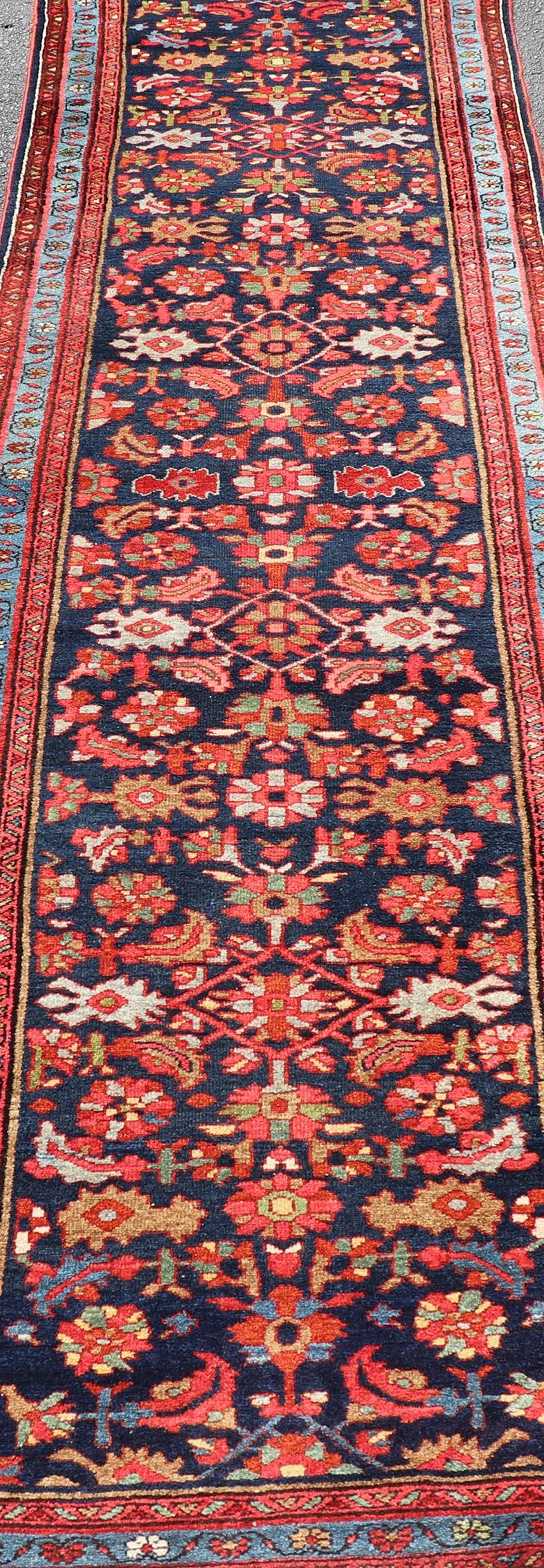 Antique Persian Malayer Runner with Sub-Geometric All-Over Design in Navy Color For Sale 2