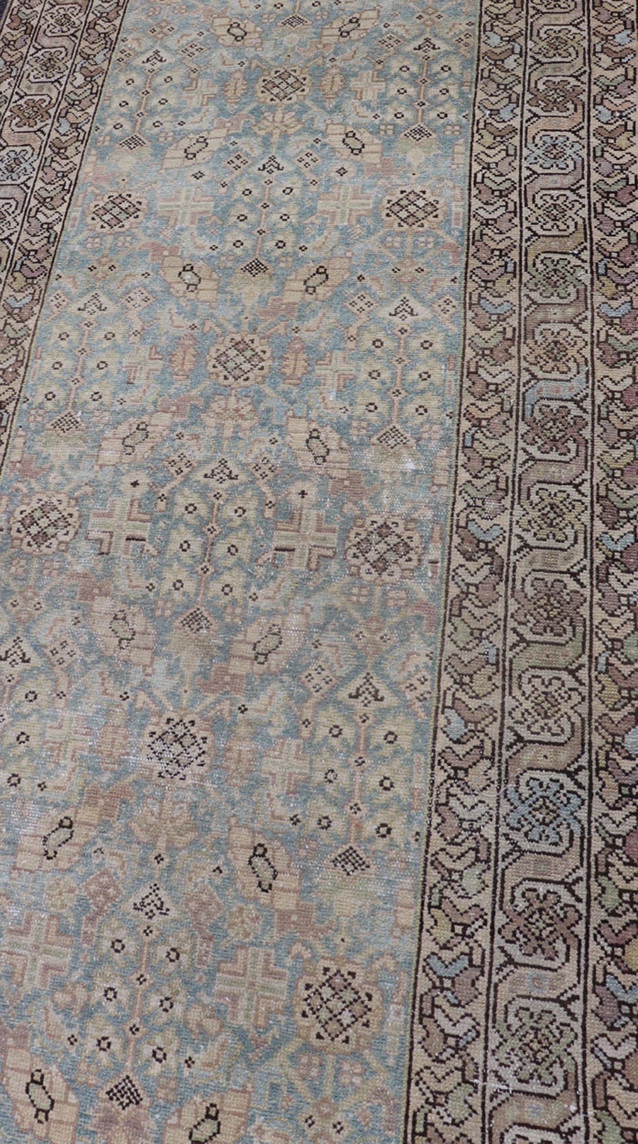 Antique Persian Malayer Runner with Sub-Geometric Design in Blue and Brown Tones For Sale 5