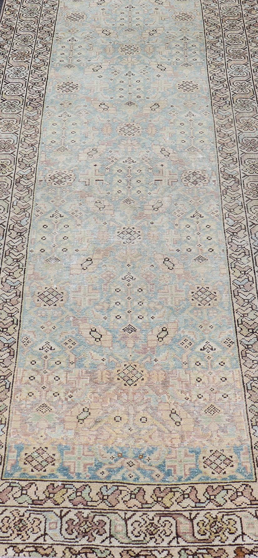 Antique Persian Malayer Runner with Sub-Geometric Design in Blue and Brown Tones For Sale 6