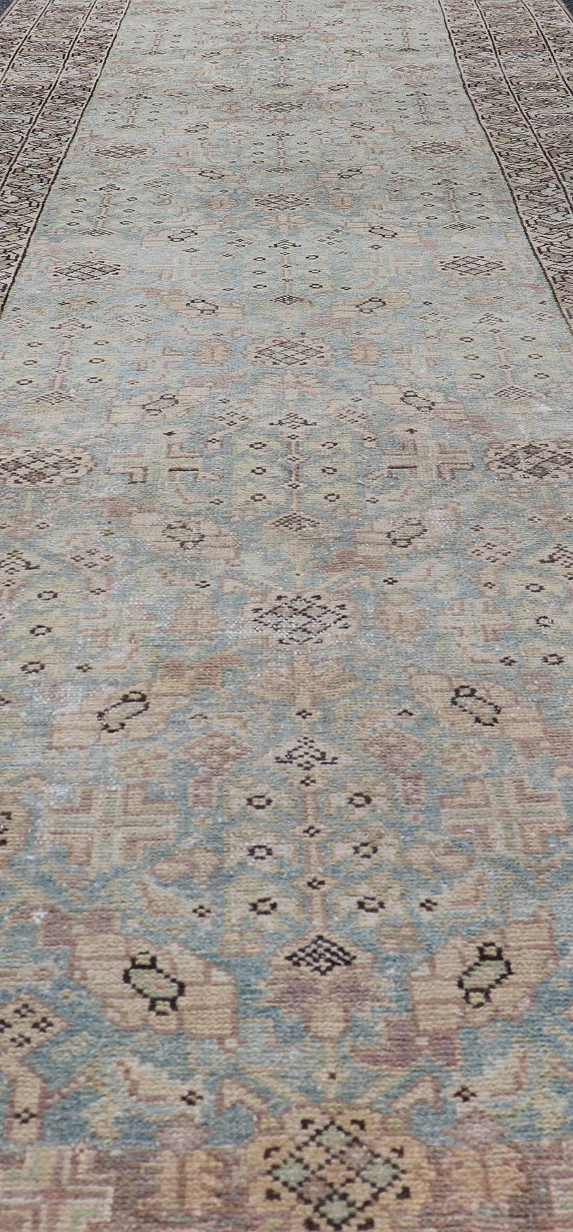 Antique Persian Malayer Runner with Sub-Geometric Design in Blue and Brown Tones For Sale 7