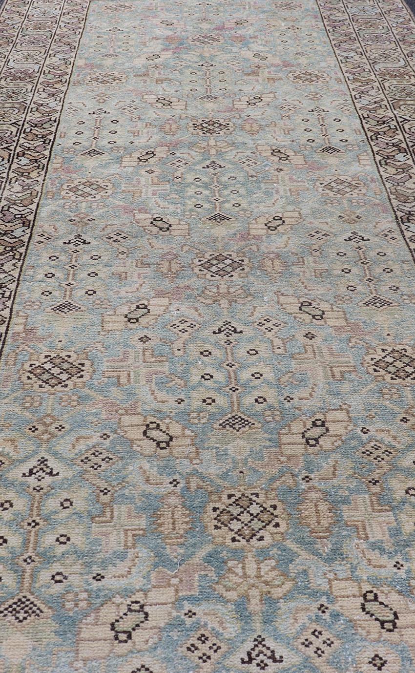 Antique Persian Malayer Runner with Sub-Geometric Design in Blue and Brown Tones For Sale 8