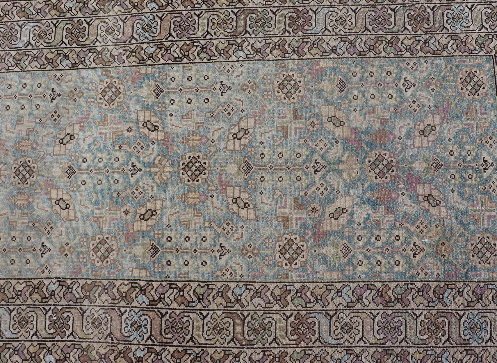 Antique Persian Malayer Runner with Sub-Geometric Design in Blue and Brown Tones For Sale 9