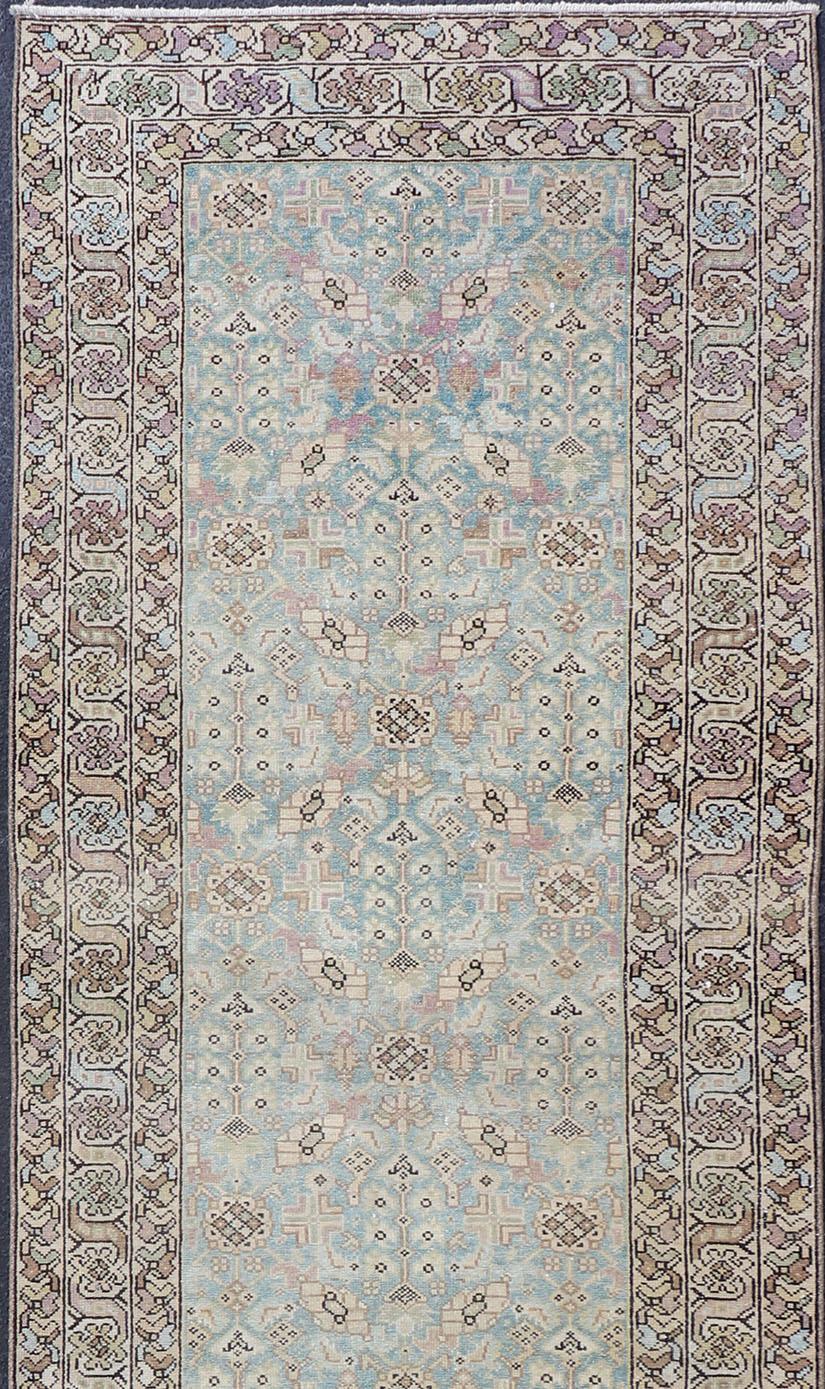 Long antique Persian Malayer runner with sub-geometric design. Intricately designed antique Malayer runner in light tones, Keivan Woven Arts rug/SUS-2007-1287, country of origin / type: Iran / Malayer, circa 1920, This rug has been mildly