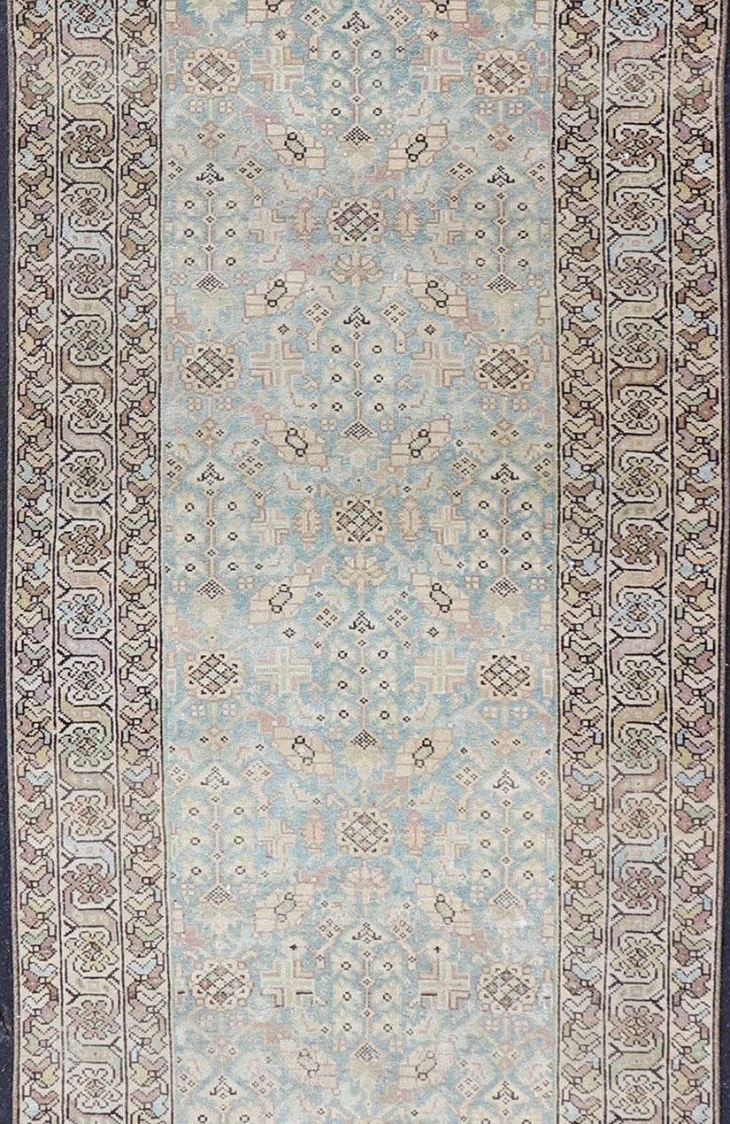 Hand-Knotted Antique Persian Malayer Runner with Sub-Geometric Design in Blue and Brown Tones For Sale