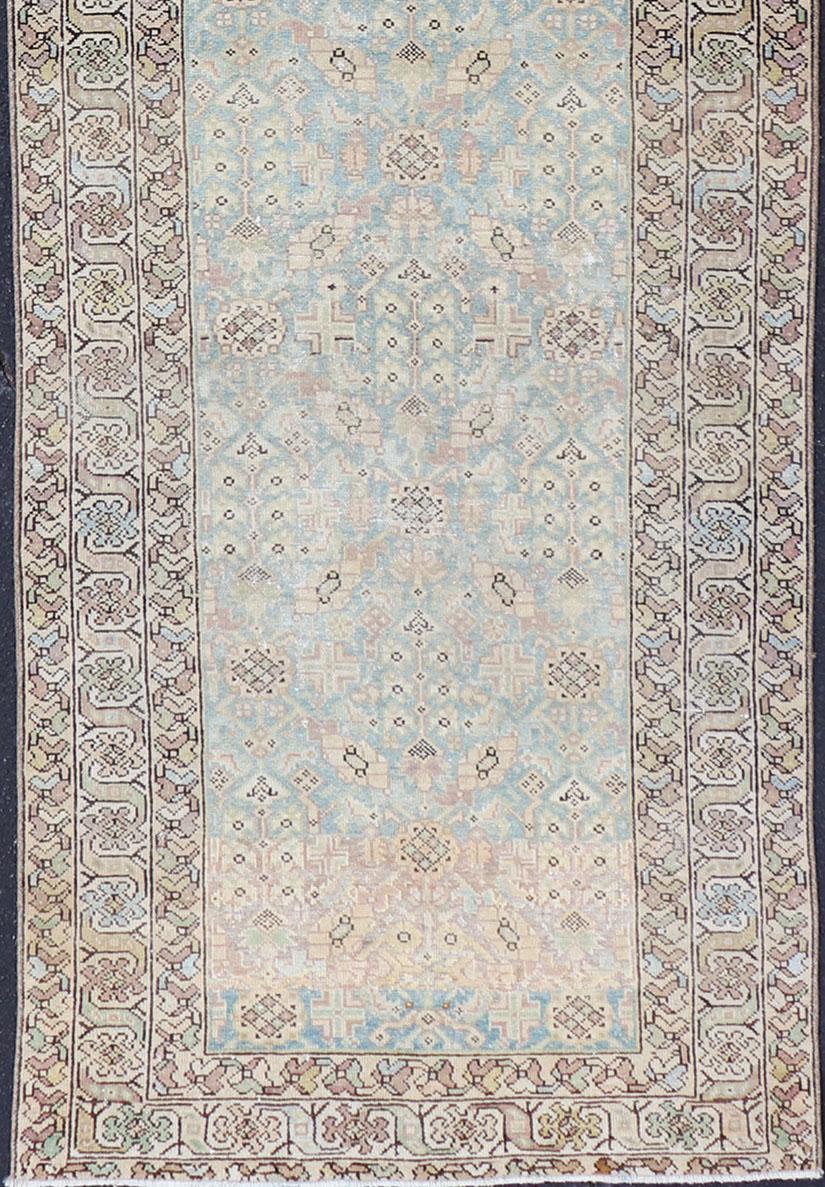 Antique Persian Malayer Runner with Sub-Geometric Design in Blue and Brown Tones In Good Condition For Sale In Atlanta, GA