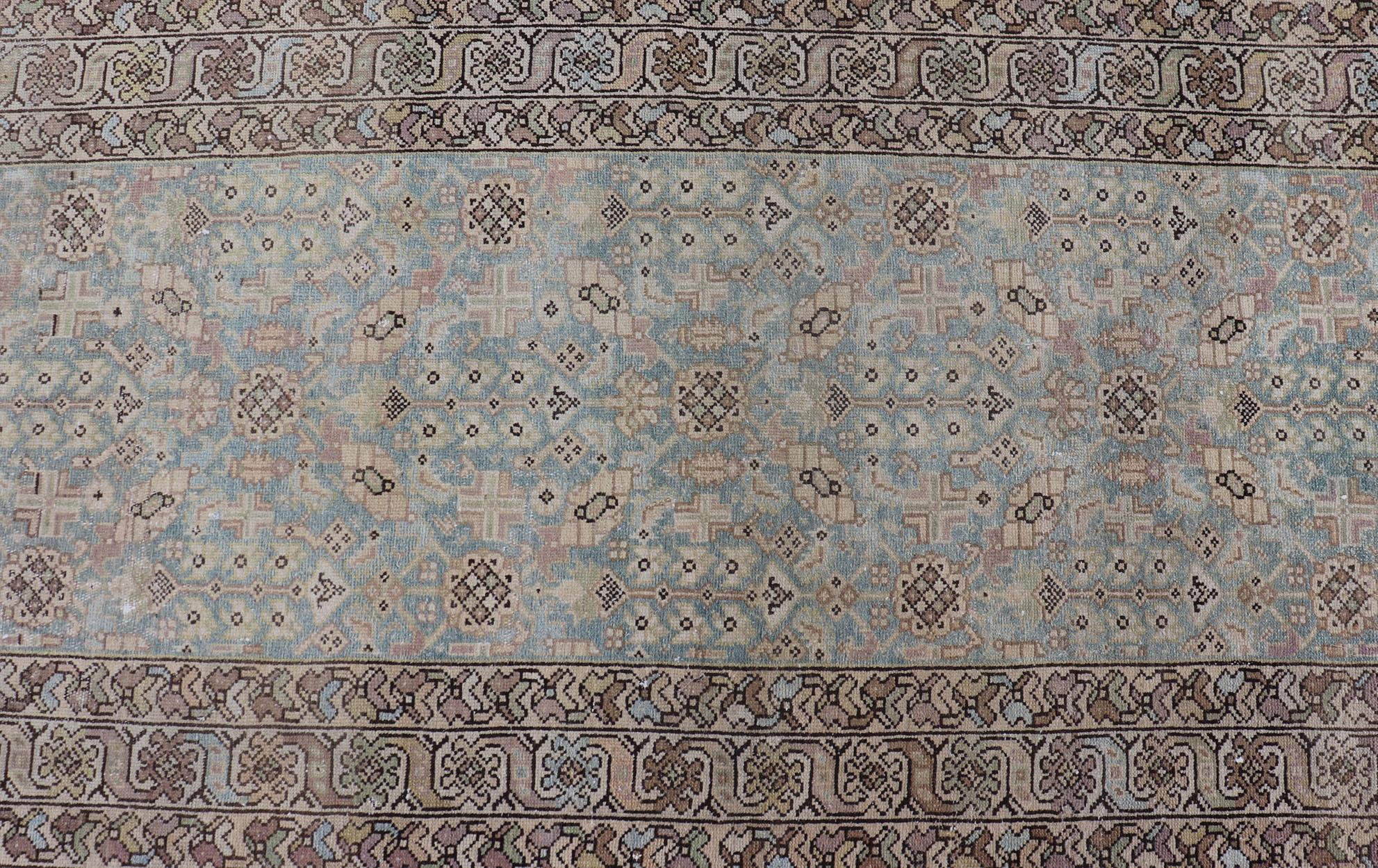 20th Century Antique Persian Malayer Runner with Sub-Geometric Design in Blue and Brown Tones For Sale