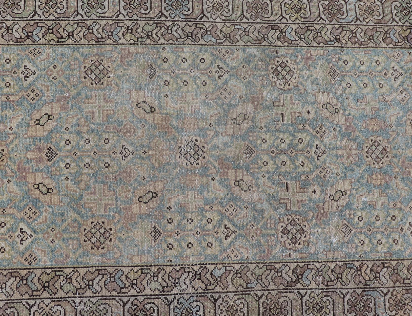 Wool Antique Persian Malayer Runner with Sub-Geometric Design in Blue and Brown Tones For Sale