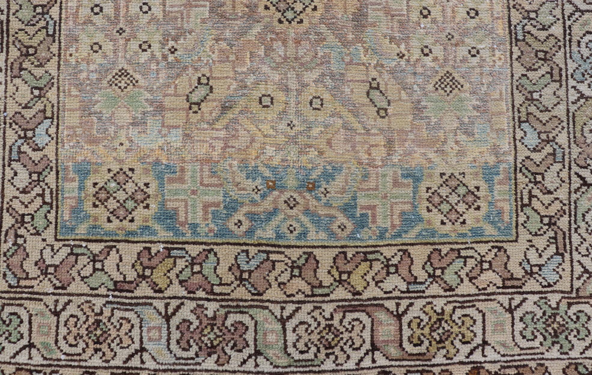 Antique Persian Malayer Runner with Sub-Geometric Design in Blue and Brown Tones For Sale 1
