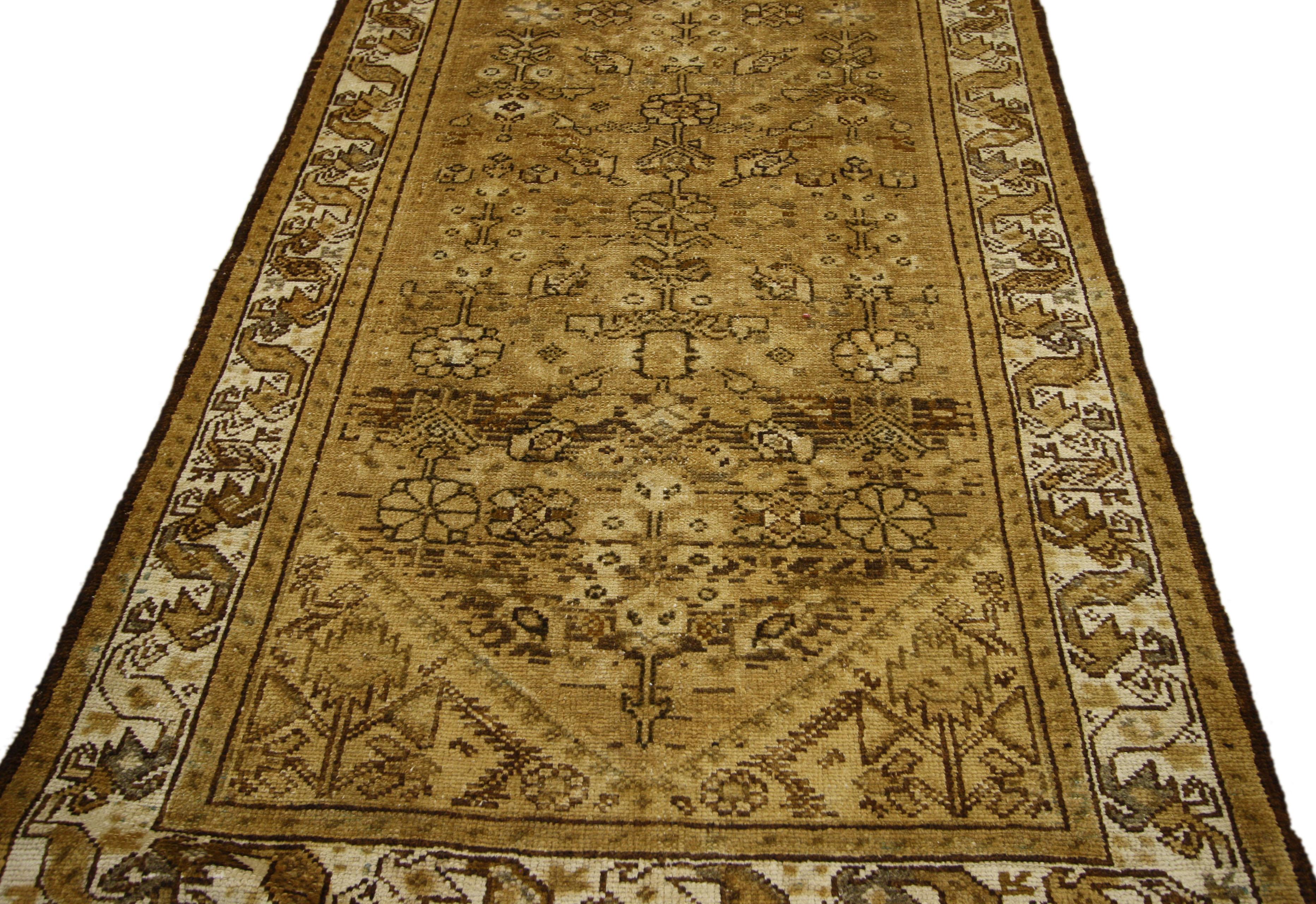 76550 Antique Persian Malayer Runner with Guli Hinnai Flower, Persian Hallway Runner 03'05 x 09'07. This antique Persian Malayer runner features a traditional modern style in neutral colors. The all-over geometric flower pattern is composed of the