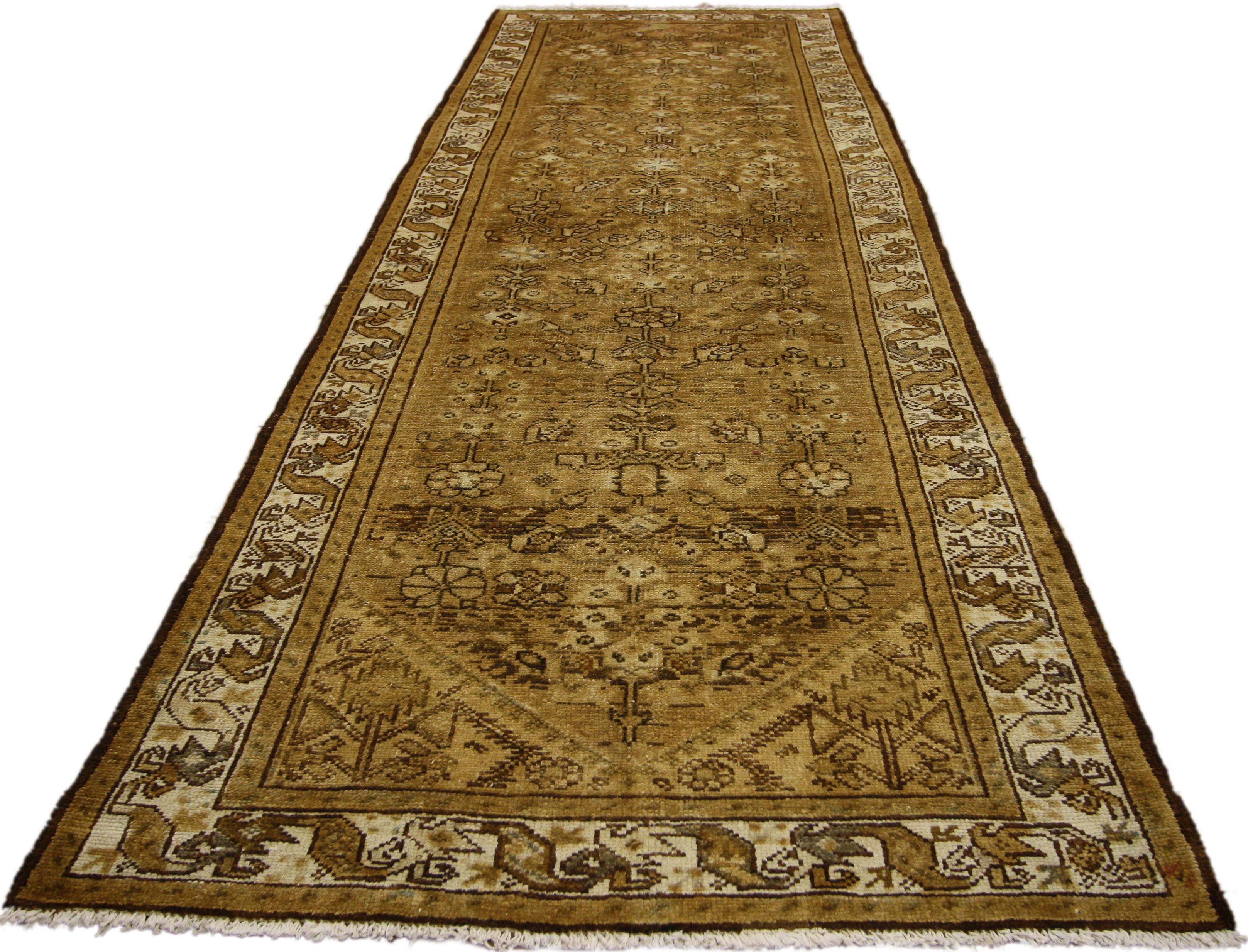 Antique Persian Malayer Runner with Guli Hinnai Flower, Persian Hallway Runner In Good Condition For Sale In Dallas, TX