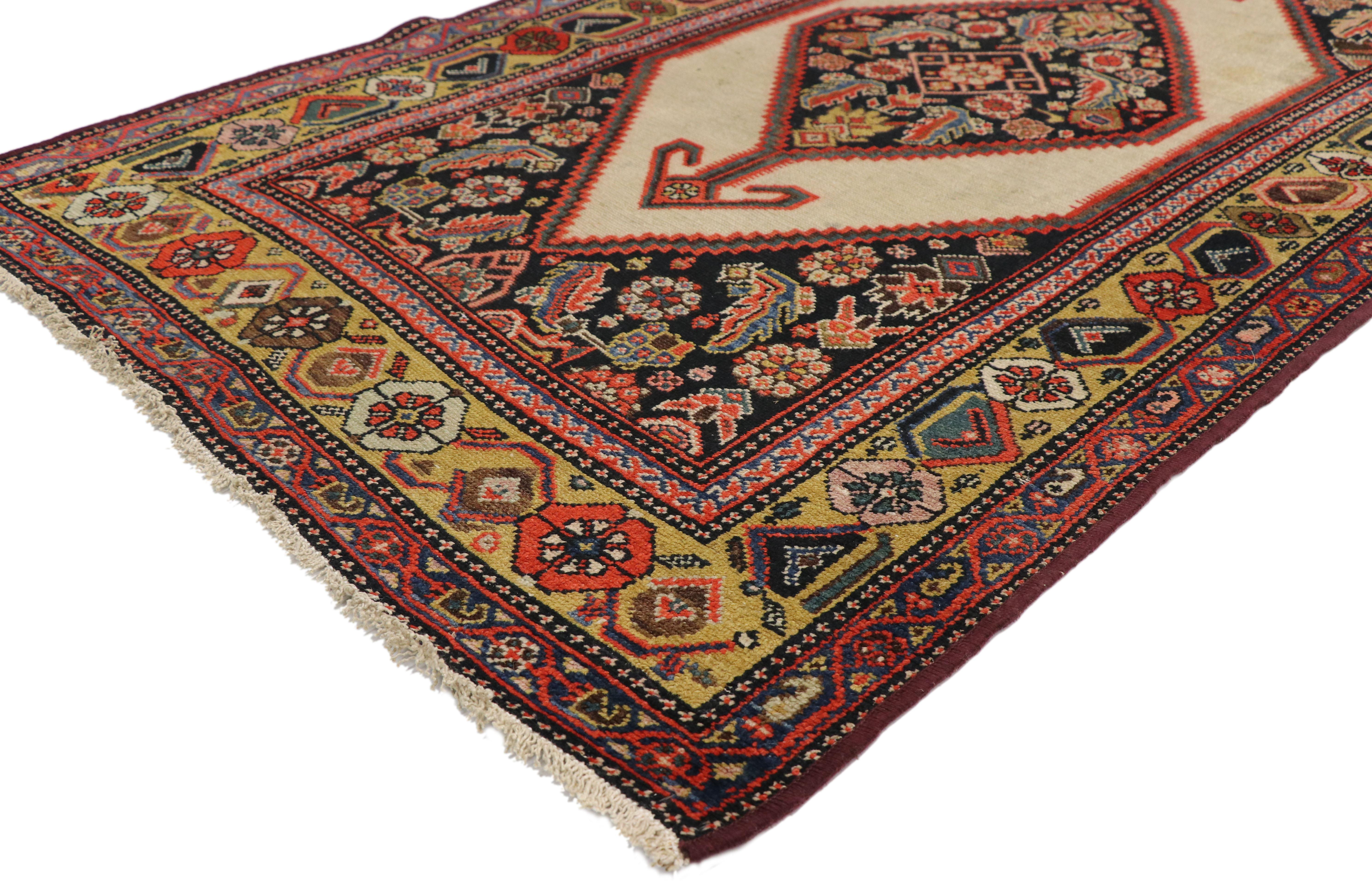 77265 Antique Persian Malayer Runner with Tudor Manor House Style 03'08 x 13'06. This hand knotted wool antique Persian Malayer runner features three amulet medallions filled with a Herati pattern and outlined with stepped edges flanked with a