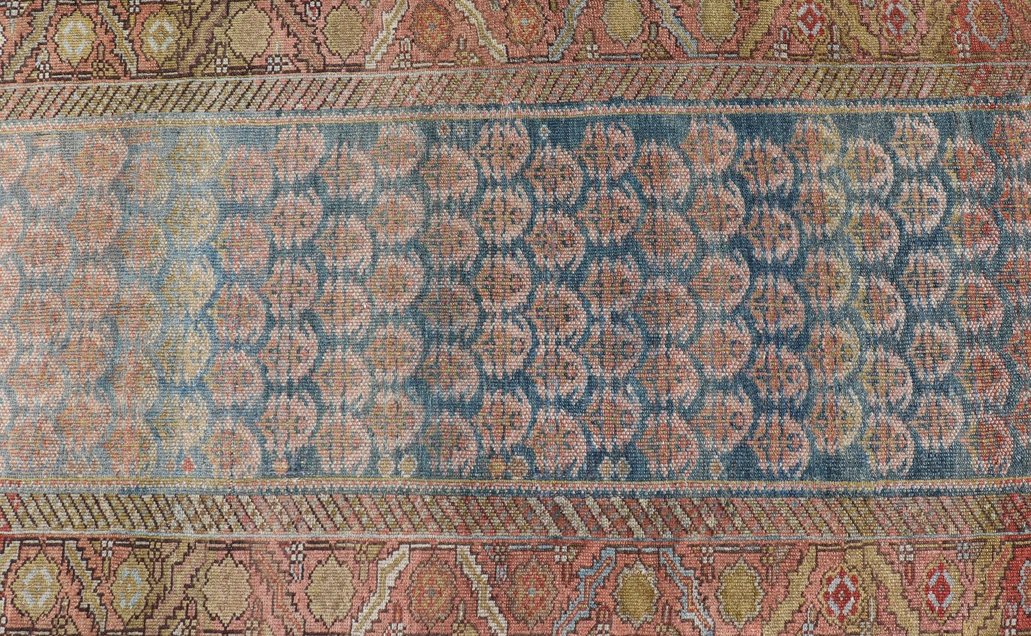 Persiano Antico runner persiano Malayer con design unico Boteh in blu tenue 3'5 x 18'5 in vendita