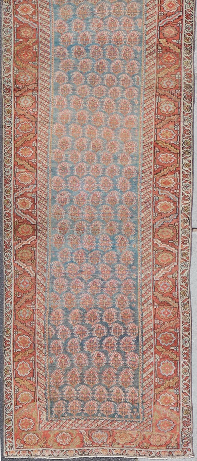 XX secolo Antico runner persiano Malayer con design unico Boteh in blu tenue 3'5 x 18'5 in vendita