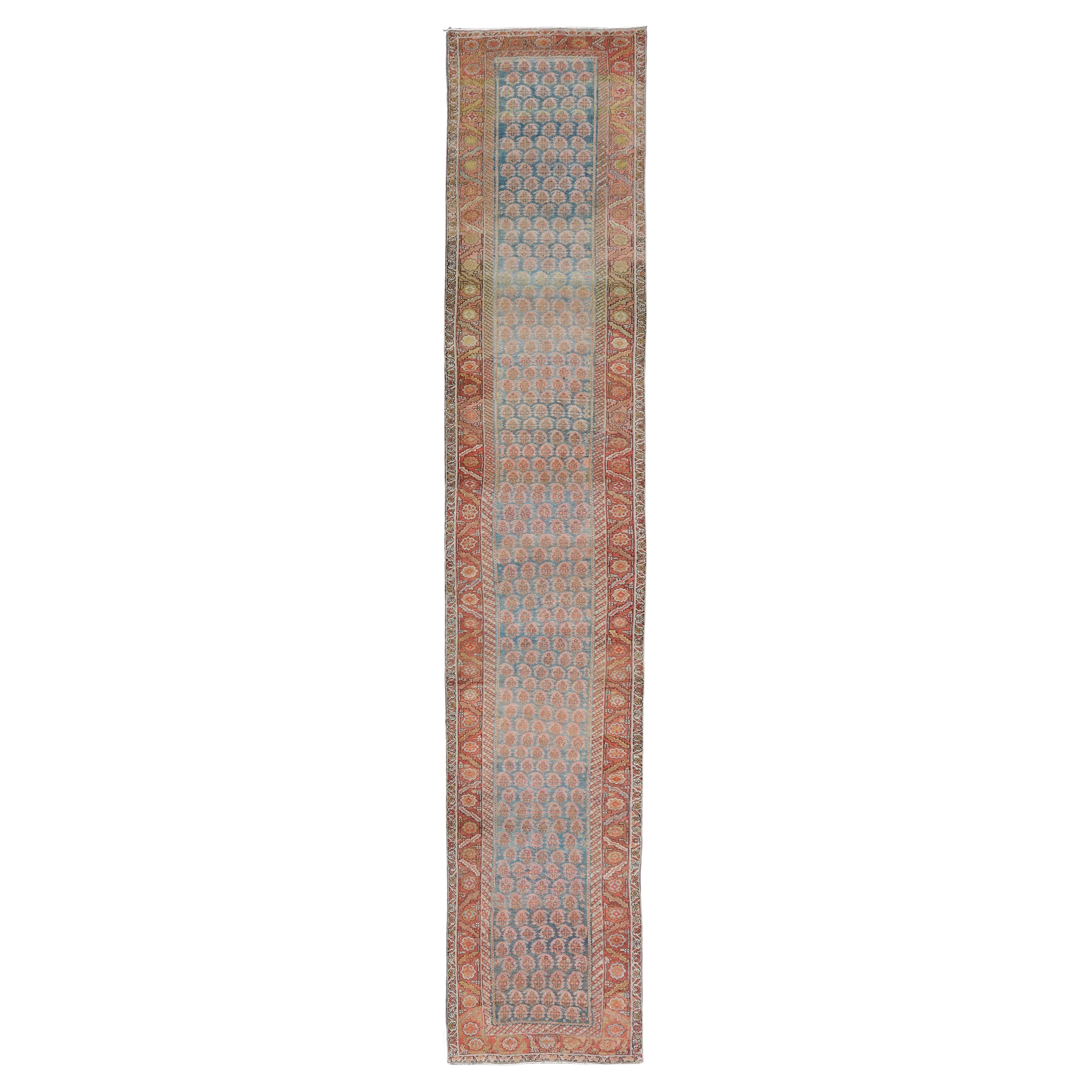 Antico runner persiano Malayer con design unico Boteh in blu tenue 3'5 x 18'5 in vendita