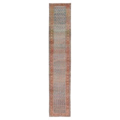 Antico runner persiano Malayer con design unico Boteh in blu tenue 3'5 x 18'5