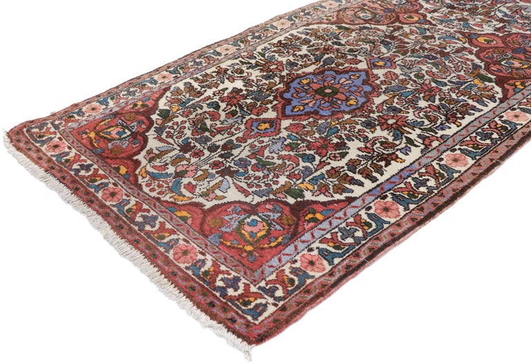 77632, antique Persian Malayer runner with Victorian Farmhouse style. Sure to captivate the most discerning aesthete, this hand knotted wool antique Persian Malayer runner is the epitome of Victorian style and cozy farmhouse with rustic sensibility.