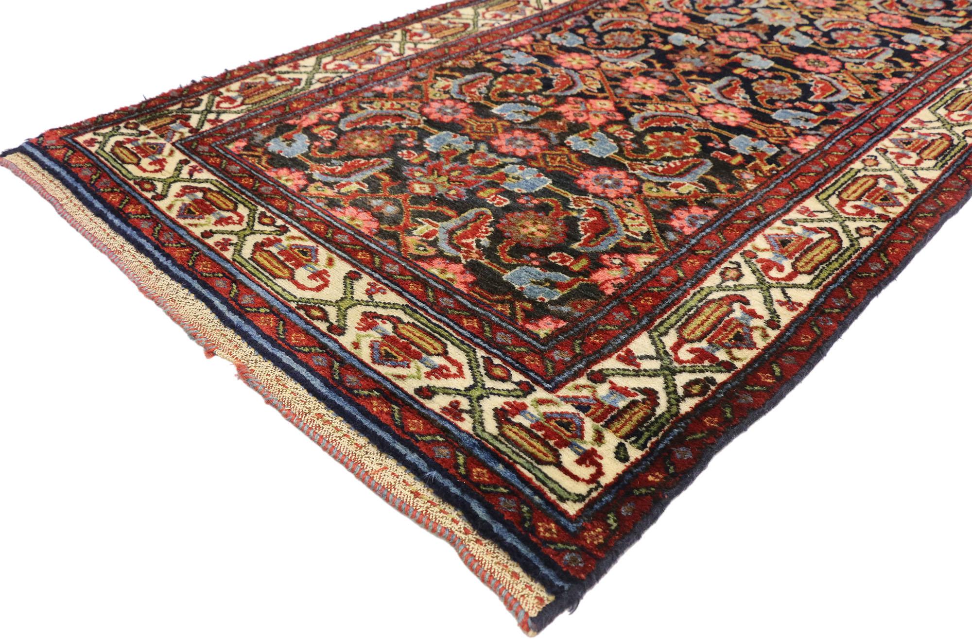 77217, antique Persian Malayer runner with Victorian style, extra-long hallway runner 02'11 x 20'01. This hand knotted wool antique Persian Malayer runner features a dynamic all-over Herati pattern spread across an abrashed ink blue field. The