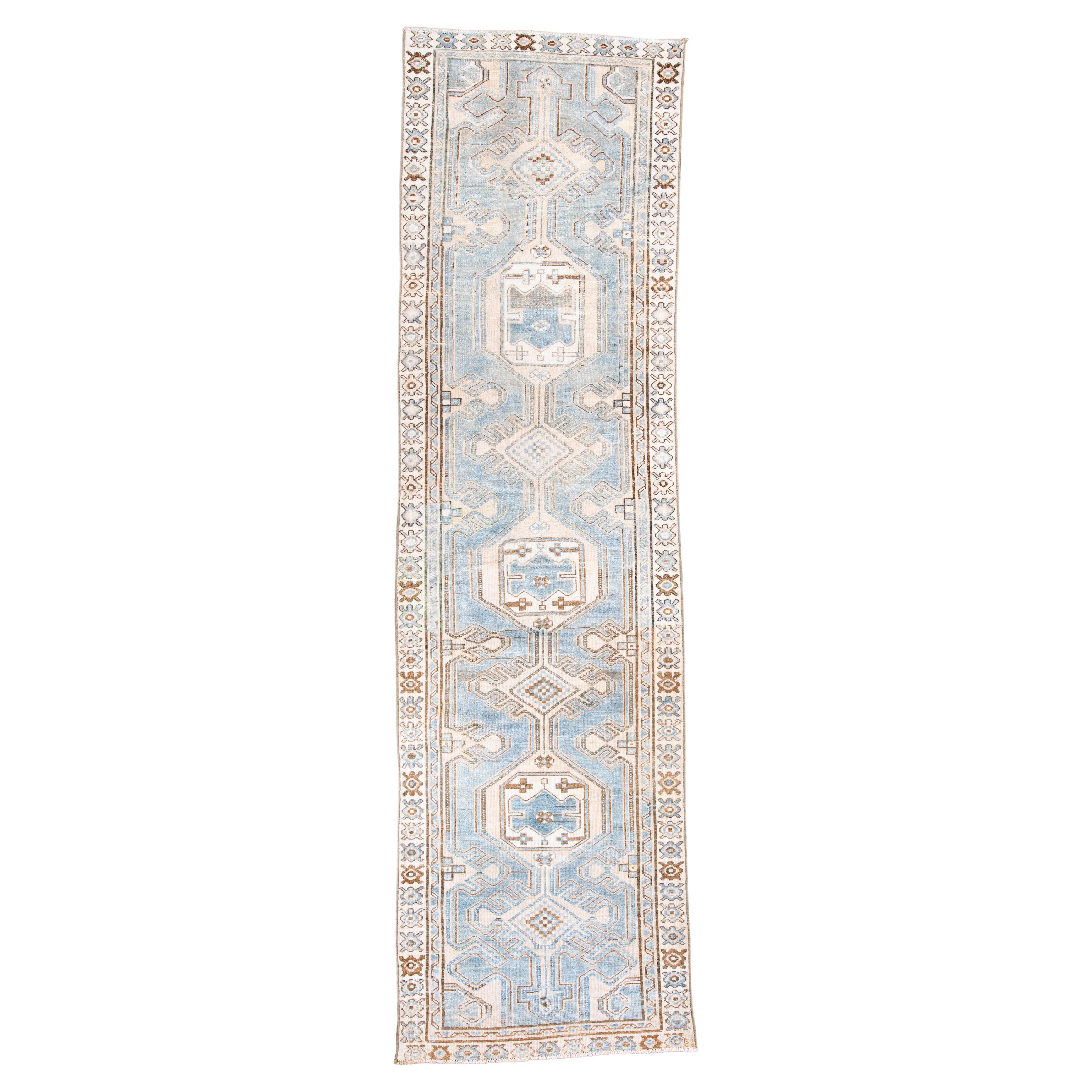 Antique Persian Malayer Runnner in Sky Blue and Ivory For Sale