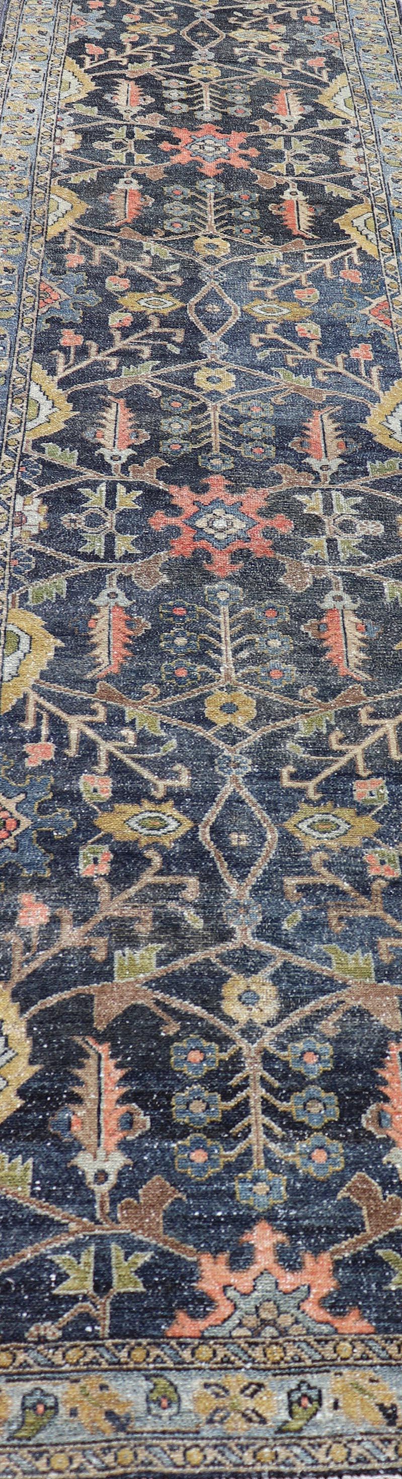 Antique Persian Malayer Tribal Runner in Steal Gray Blue, Green, Gold & Coral  For Sale 4