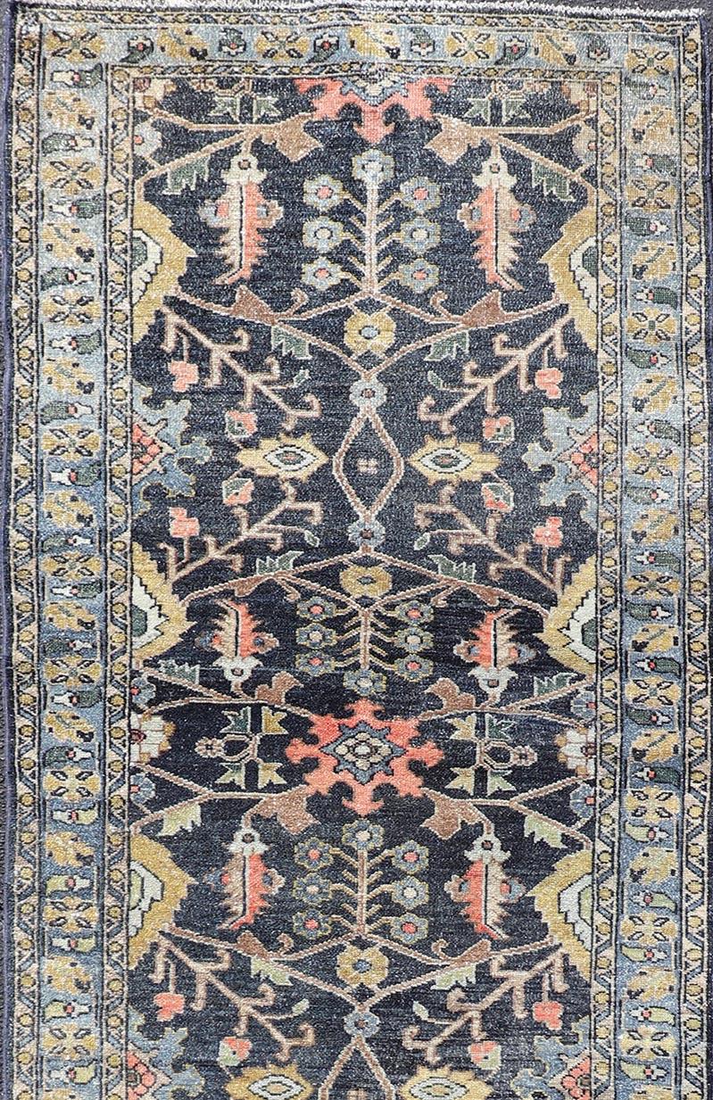 Hand-Knotted Antique Persian Malayer Tribal Runner in Steal Gray Blue, Green, Gold & Coral  For Sale