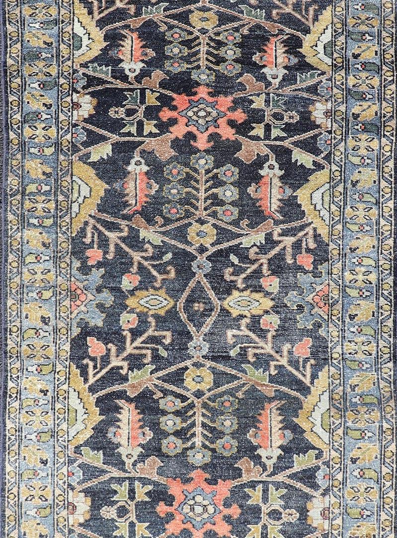Antique Persian Malayer Tribal Runner in Steal Gray Blue, Green, Gold & Coral  In Good Condition For Sale In Atlanta, GA