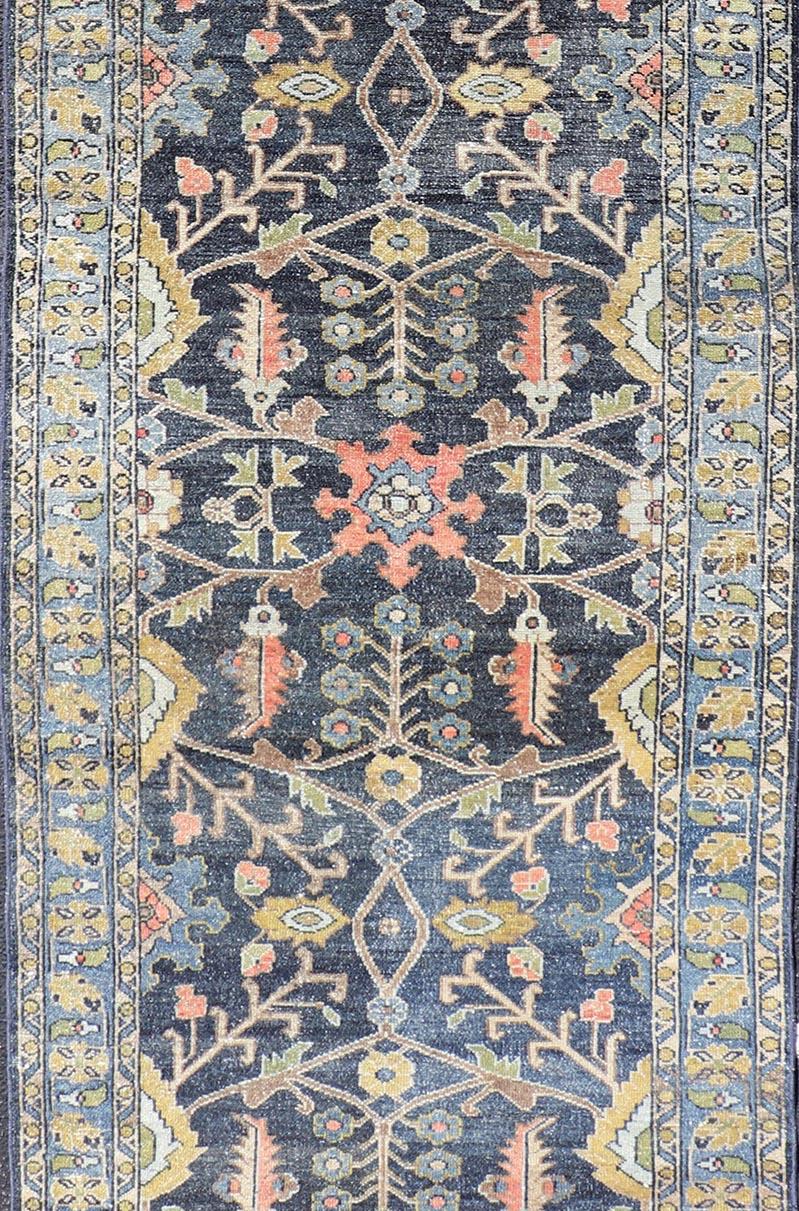 20th Century Antique Persian Malayer Tribal Runner in Steal Gray Blue, Green, Gold & Coral  For Sale