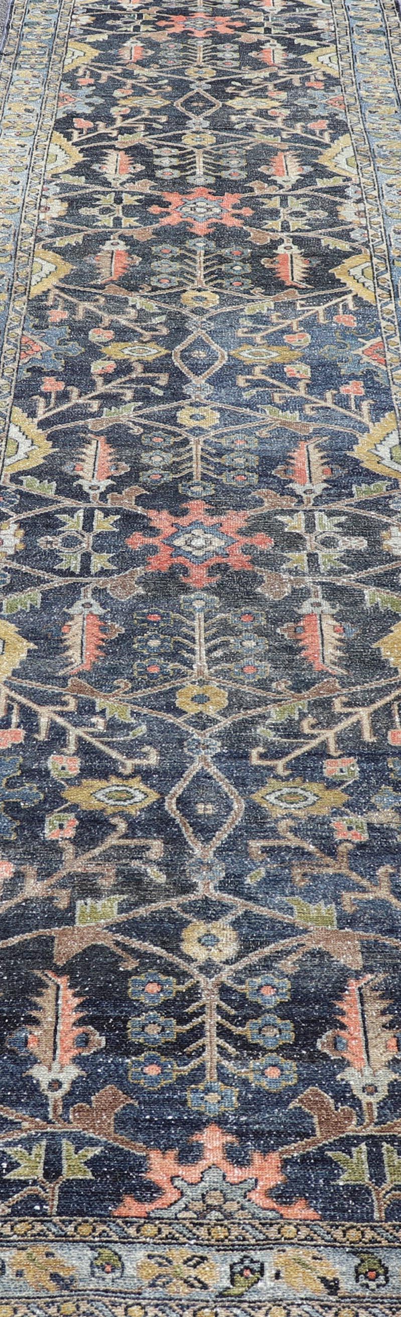 Antique Persian Malayer Tribal Runner in Steal Gray Blue, Green, Gold & Coral  For Sale 2