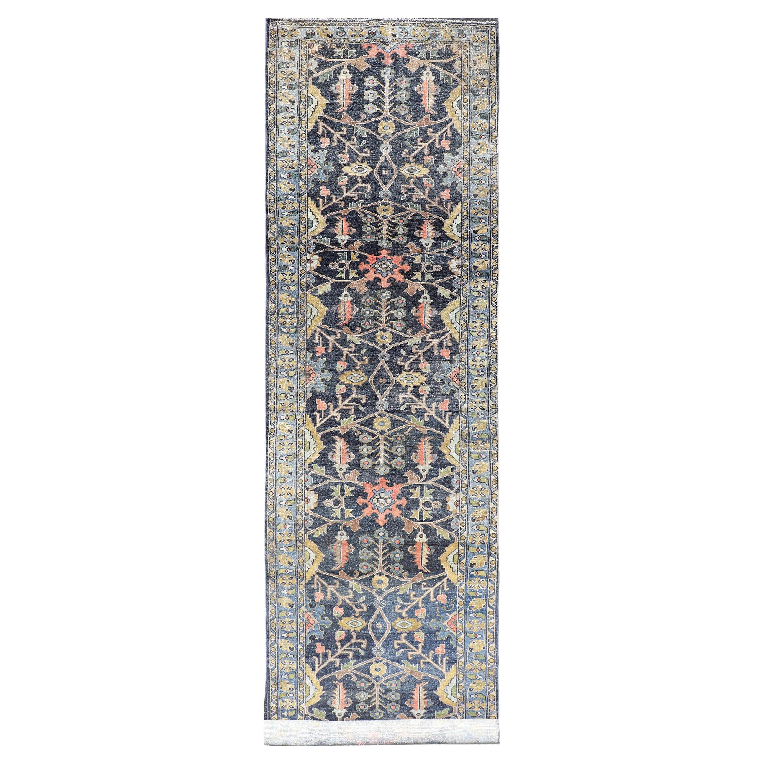 Antique Persian Malayer Tribal Runner in Steal Gray Blue, Green, Gold & Coral  For Sale