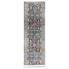 Antique Persian Malayer Tribal Runner in Steal Gray Blue, Green, Gold & Coral