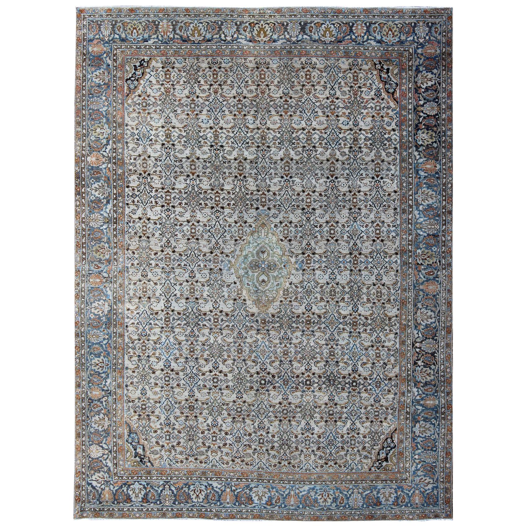 Antique Persian Malayer Unique Rug in Steel Blue Border and Ivory Background
